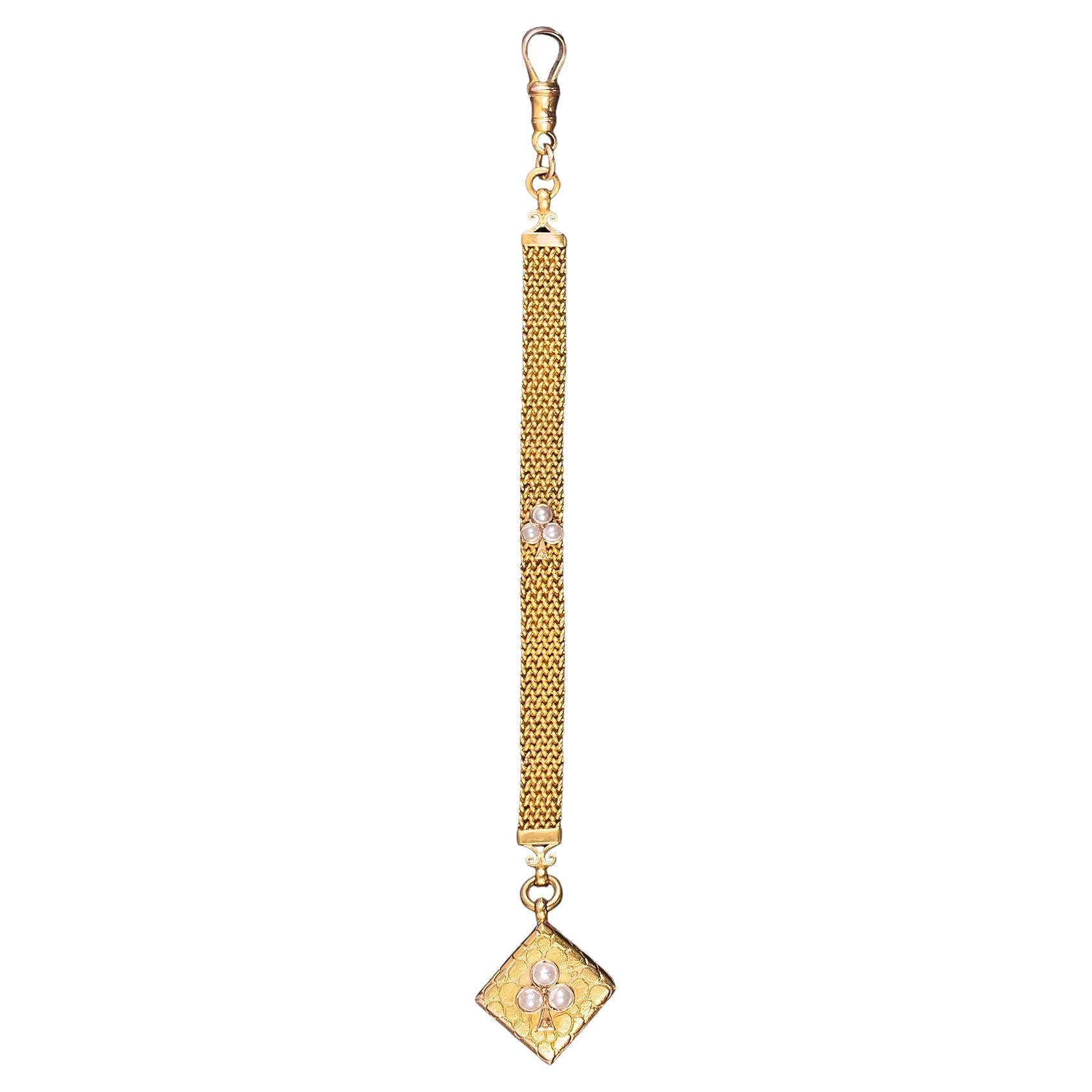 Decorative Gold Fob with Pearl Set Charm Circa 1900 For Sale