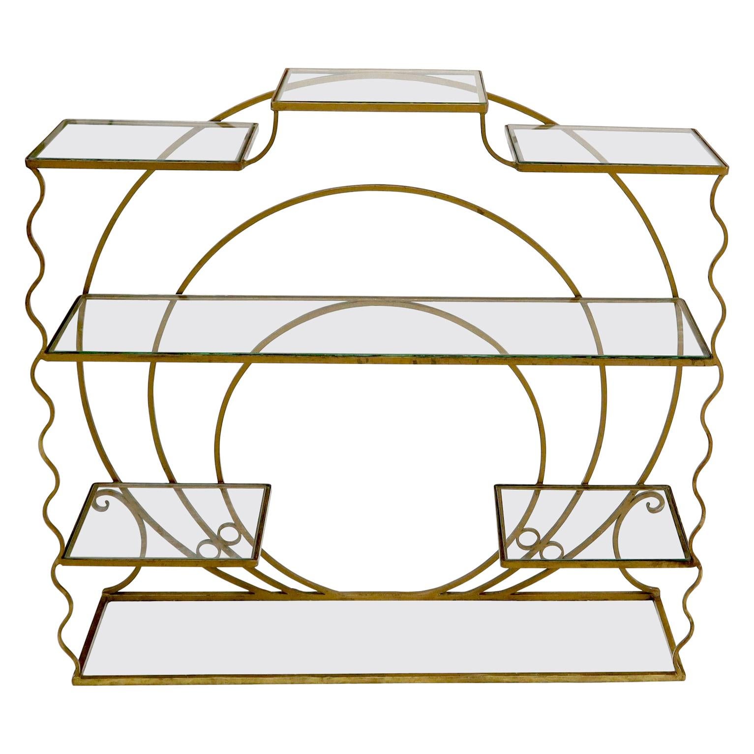 Decorative Gold Gilt Wrought Iron Glass Shelves Étagère For Sale at