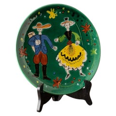 Decorative Green Plate with Folk Dancers and Flowers from France