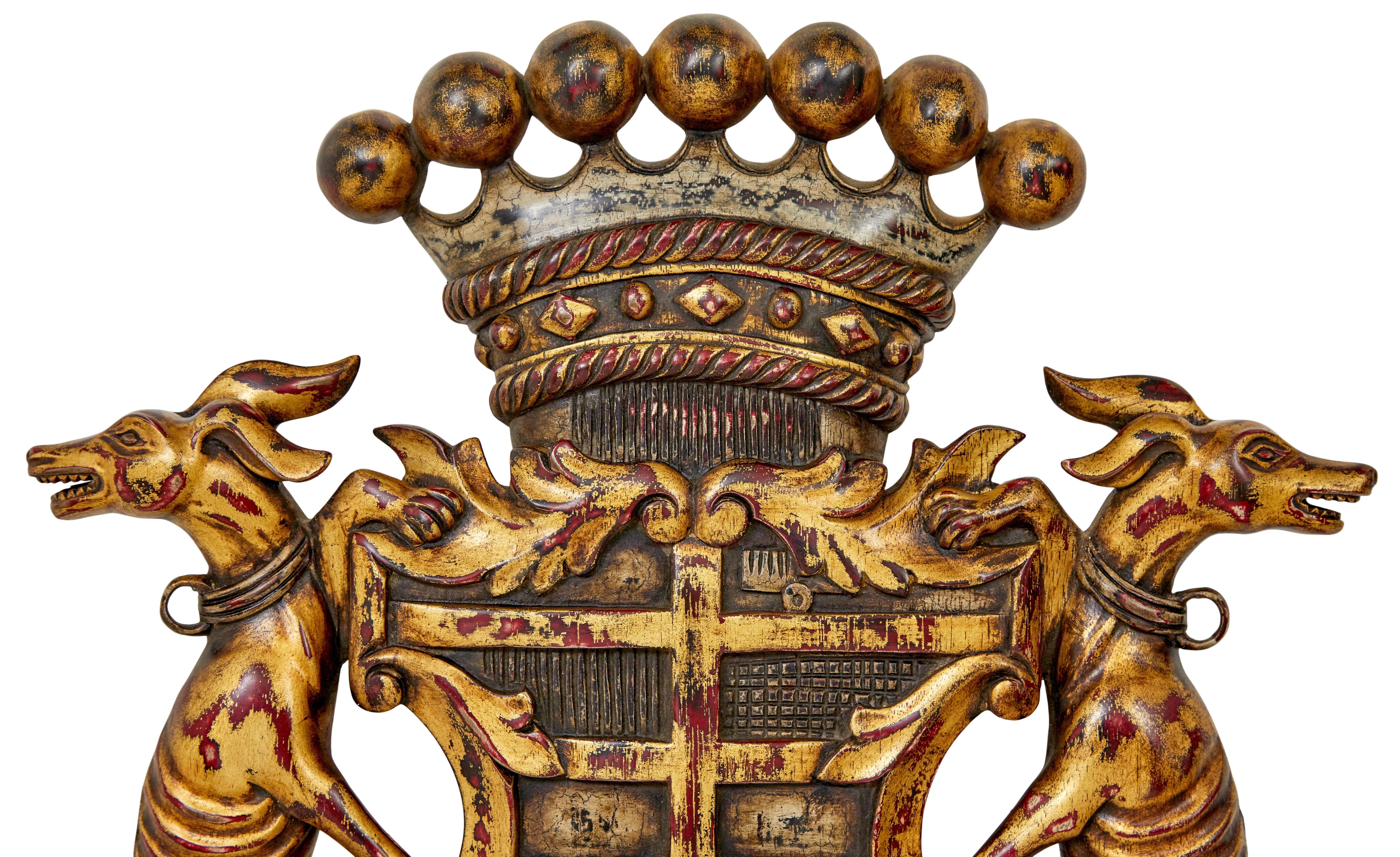 Gothic Decorative greyhound hand carved heraldic coat of arms For Sale