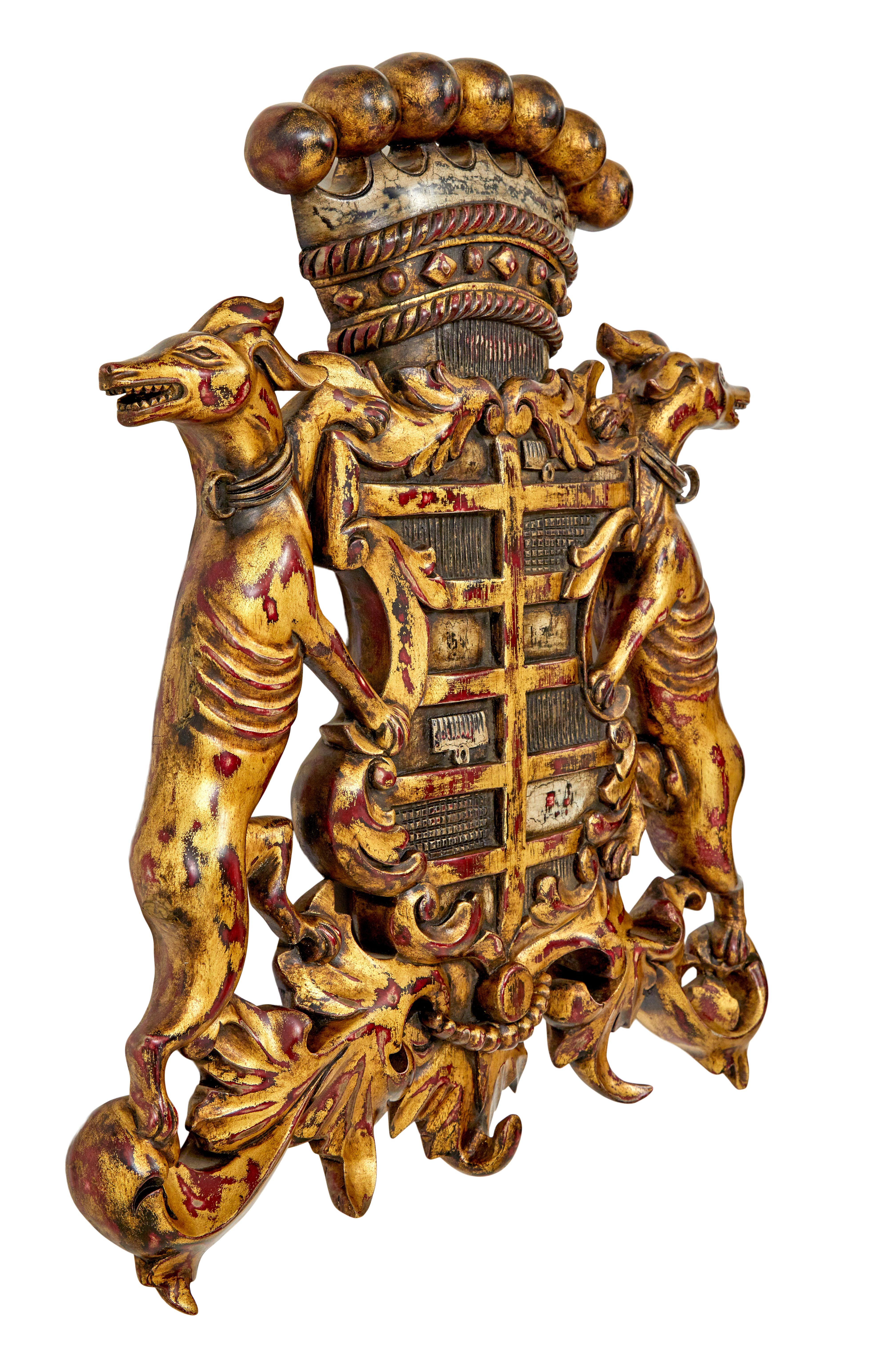 English Decorative greyhound hand carved heraldic coat of arms For Sale