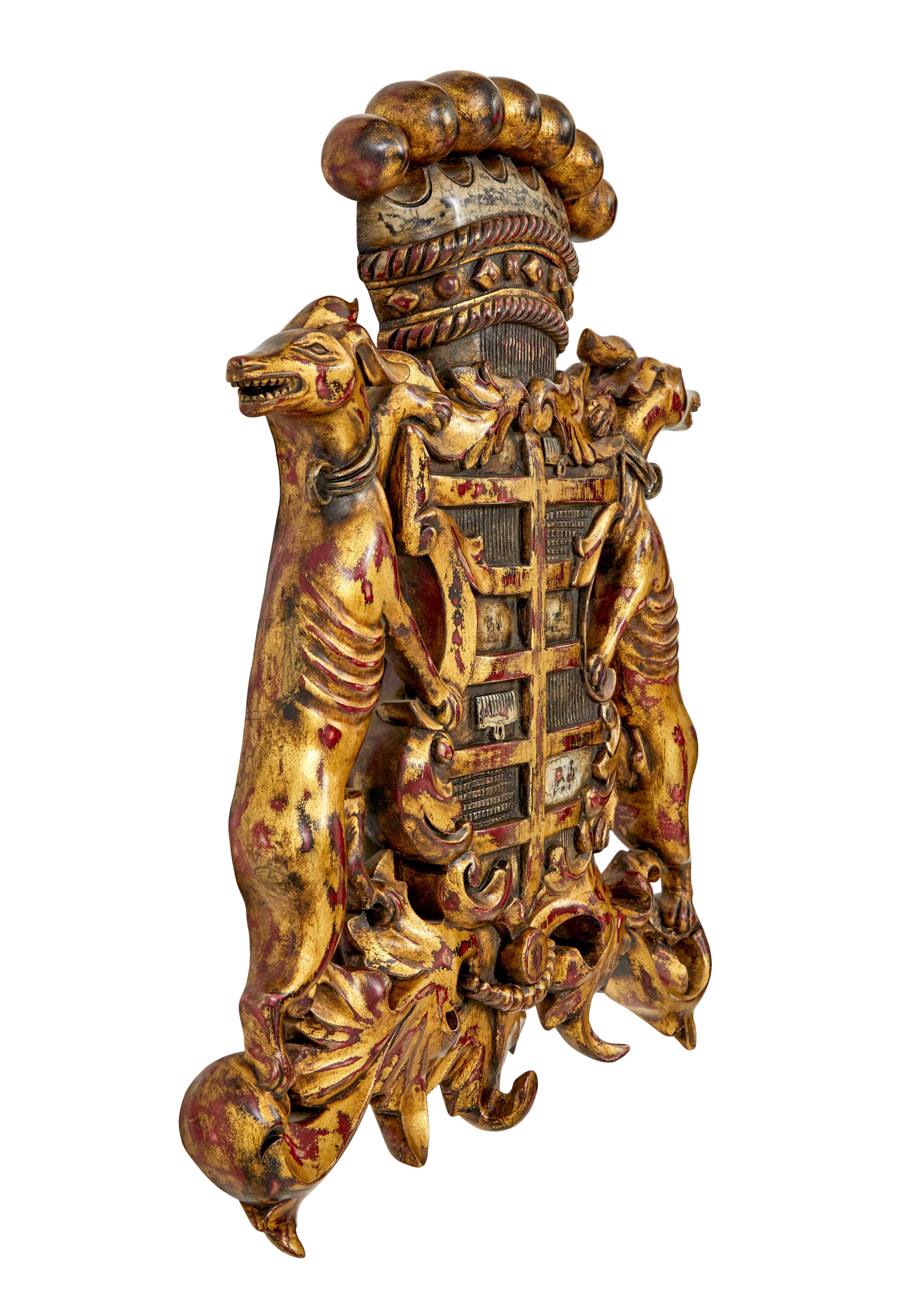 Carved Decorative greyhound hand carved heraldic coat of arms For Sale
