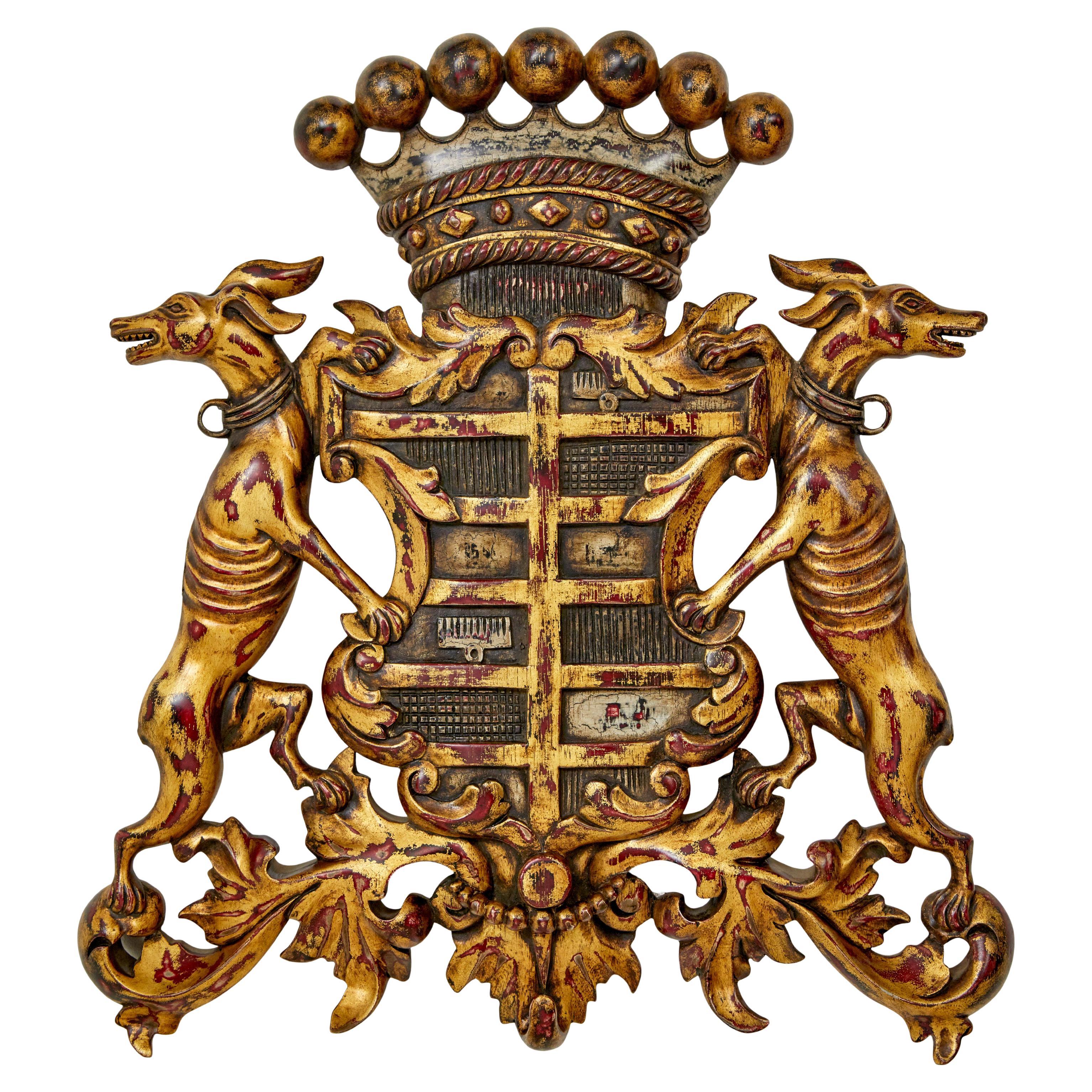 Decorative greyhound hand carved heraldic coat of arms