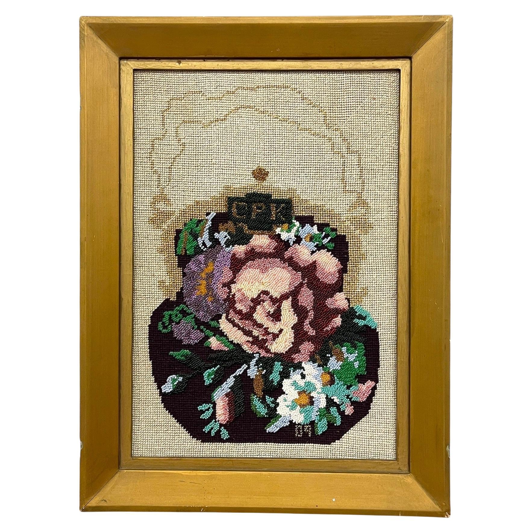 Decorative Hand-Beaded Floral Needlepoint Artwork with Original Pattern Papers