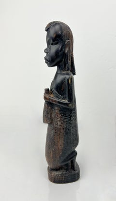 Decorative Hand-Carved African Sculpture of Kneeling Tribal Man Dark Wood
