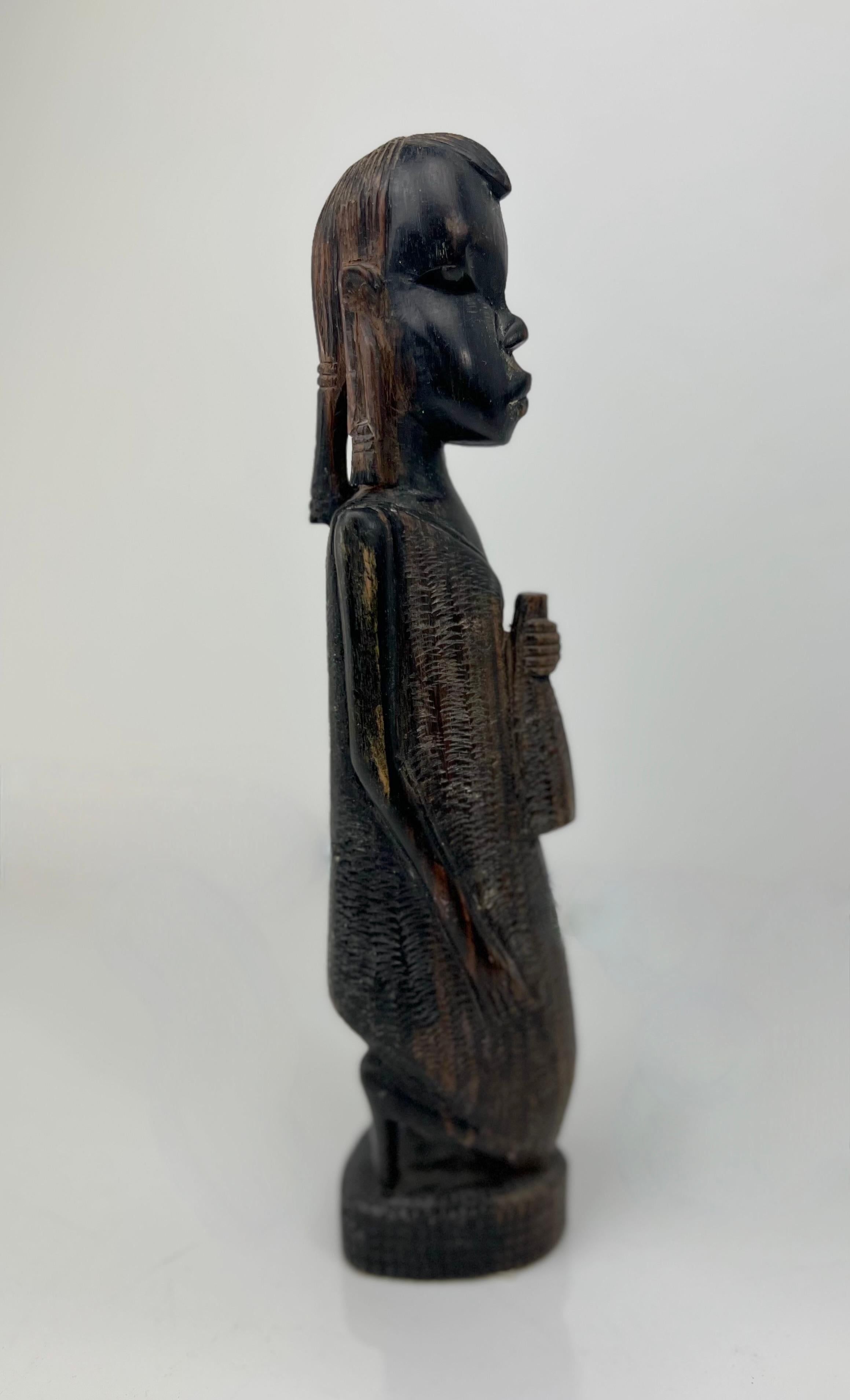 20th Century Decorative Hand-Carved African Sculpture of Kneeling Tribal Man Dark Wood  For Sale