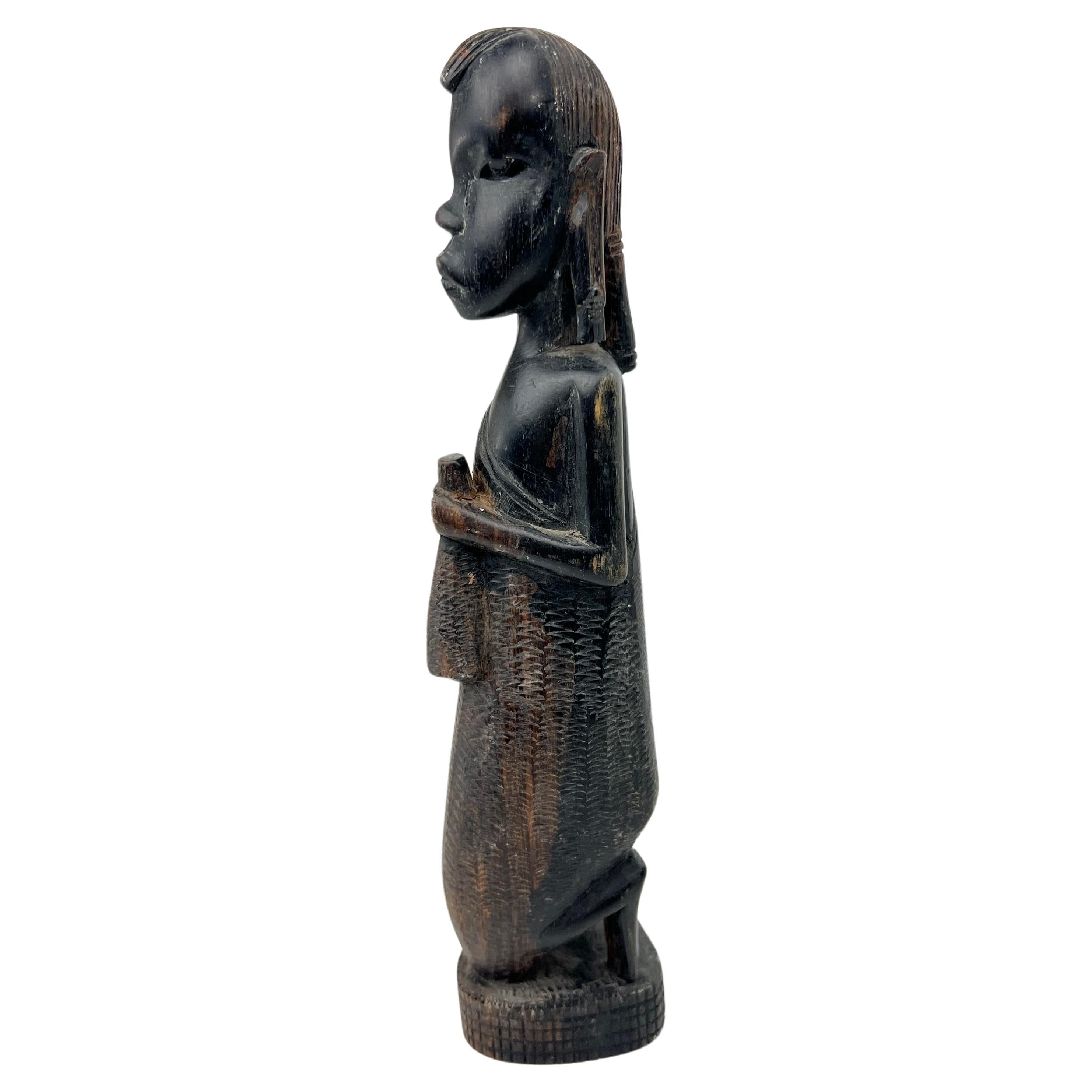 Decorative Hand-Carved African Sculpture of Kneeling Tribal Man Dark Wood  For Sale