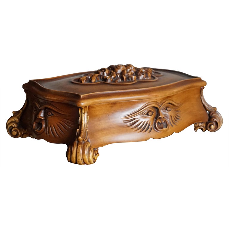 Decorative Hand Carved Baroque Revival Jewelry Box with Masks and Green