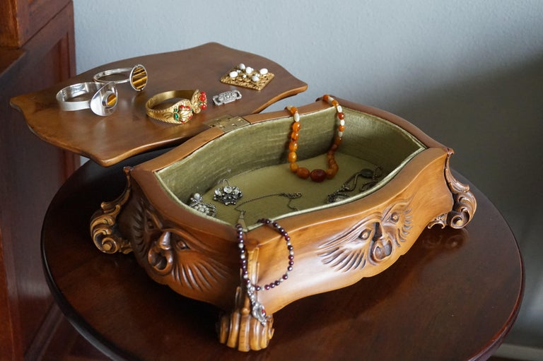 Decorative Hand Carved Baroque Revival Jewelry Box with Masks and Green