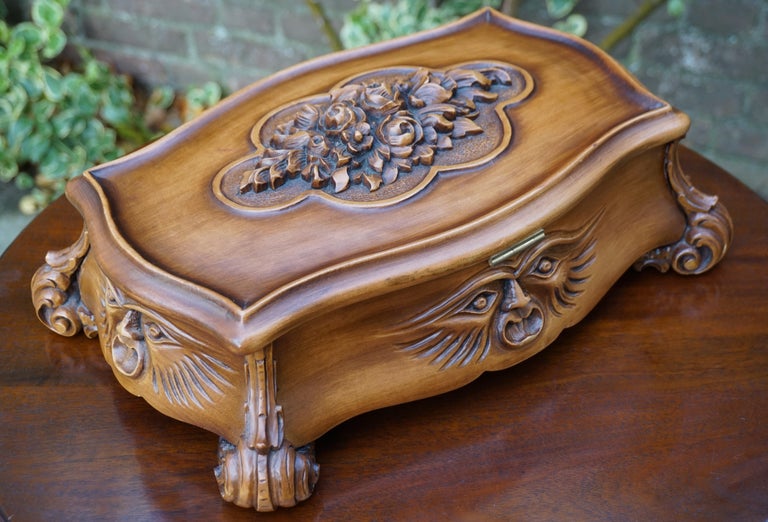 Decorative Hand Carved Baroque Revival Jewelry Box with Masks and Green