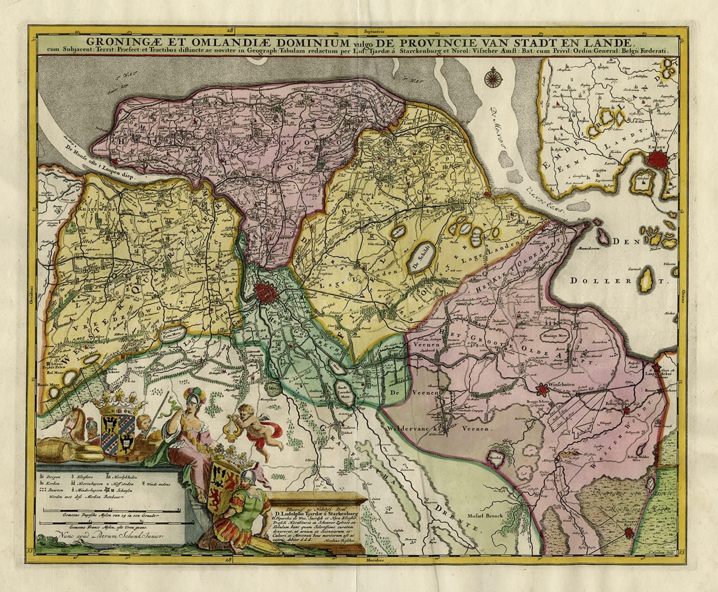 Dekorative, handkolorierte antike Karte von Groningen in den Niederlanden, ca. 1730 im Zustand „Gut“ im Angebot in Langweer, NL