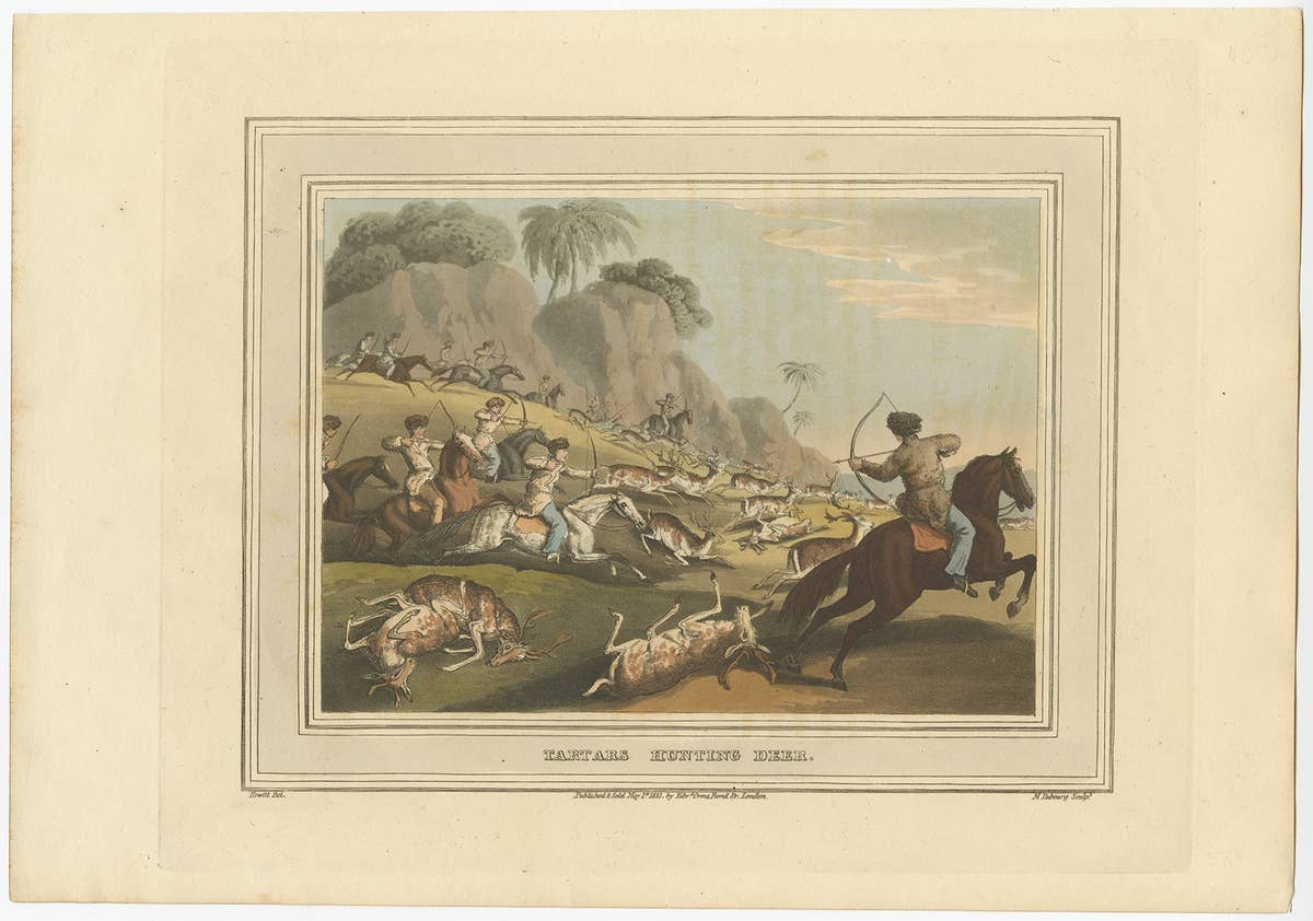 Decorative Hand-Colored Antique Print of Tartars Hunting Deer in Russia, 1813