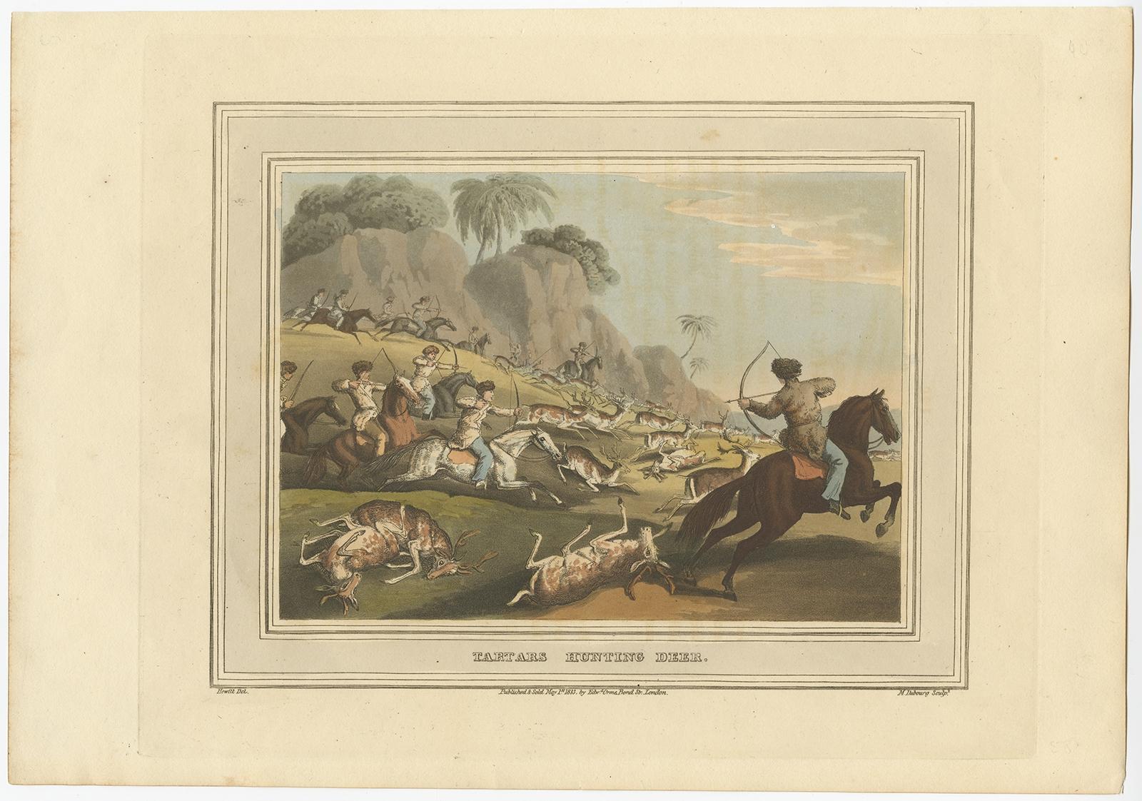 Decorative Hand-Colored Antique Print of Tartars Hunting Deer in Russia, 1813  In Good Condition For Sale In Langweer, NL