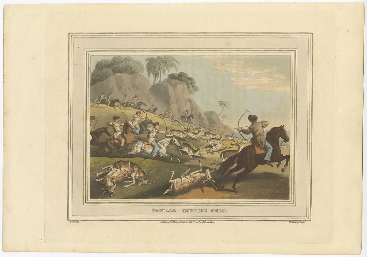 Decorative Hand-Colored Antique Print of Tartars Hunting Deer in Russia, 1813