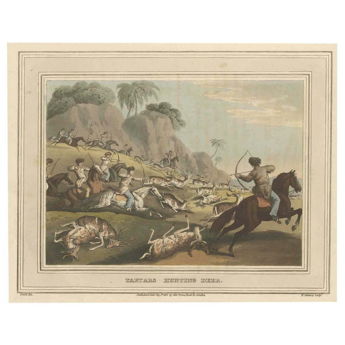 Decorative Hand-Colored Antique Print of Tartars Hunting Deer in Russia, 1813