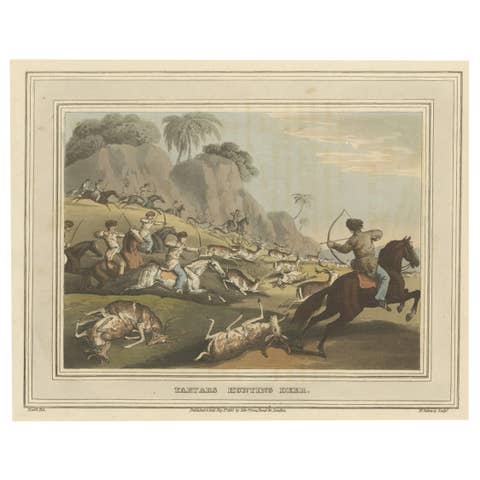Decorative Hand-Colored Antique Print of Tartars Hunting Deer in Russia, 1813