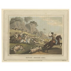 Decorative Hand-Colored Antique Print of Tartars Hunting Deer in Russia, 1813