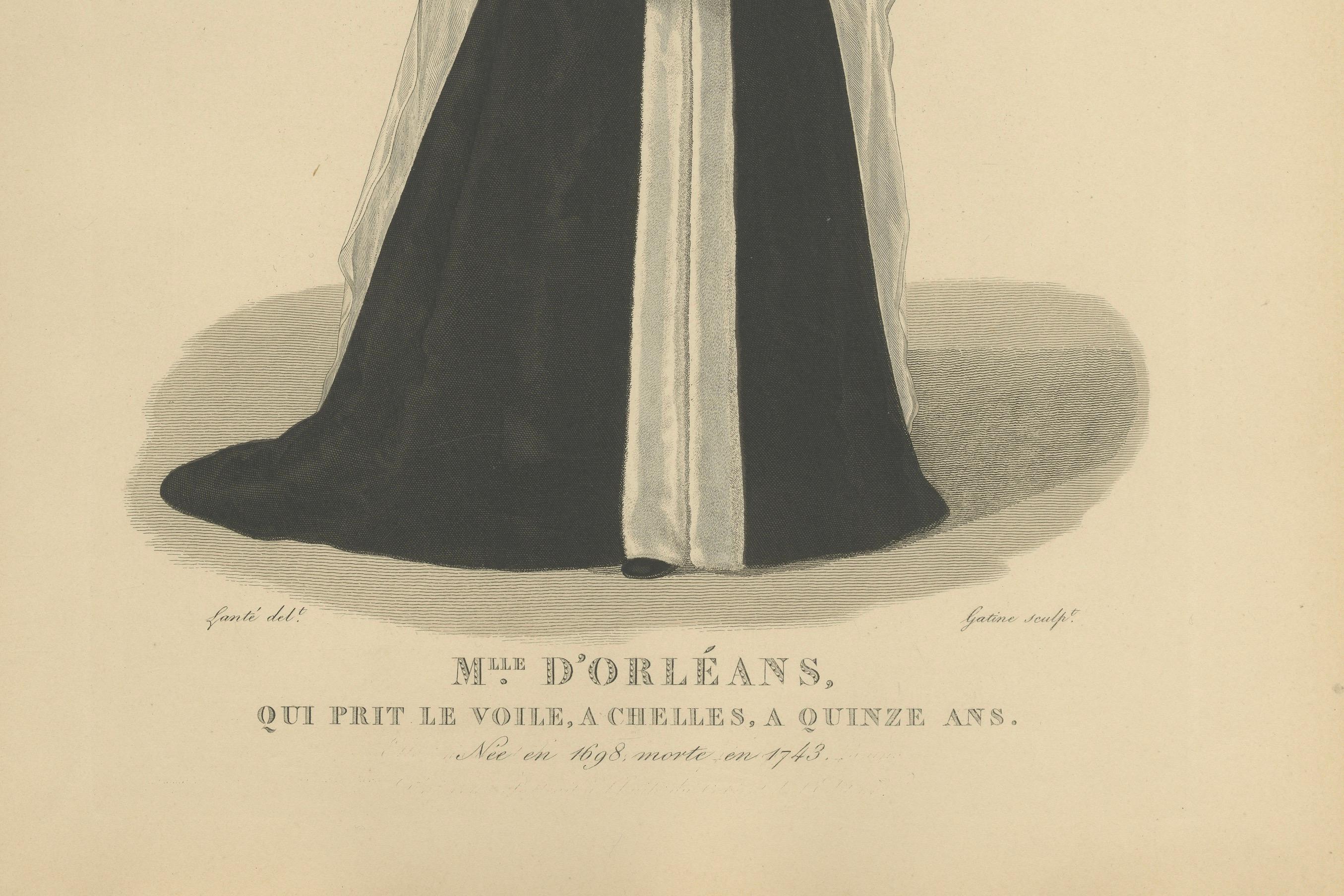 Handkolorierter Kupferstich von Mlle d'Orléans, um 1900

Dieser elegante handkolorierte Kupferstich zeigt Mademoiselle d'Orléans (1698-1743), eine französische Prinzessin, die im Alter von fünfzehn Jahren in der Abtei von Chelles den Schleier nahm.