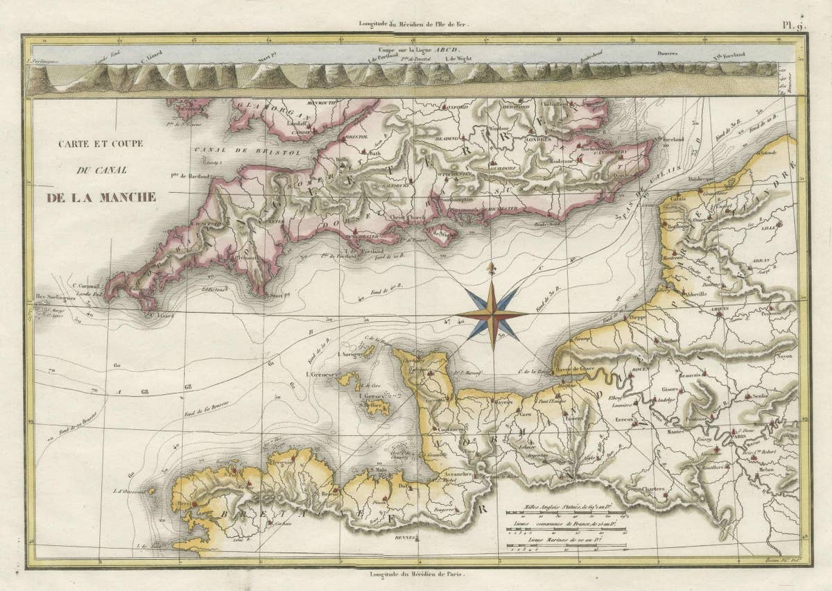 Decorative Hand-Colored French Map of the English Channel, 1827