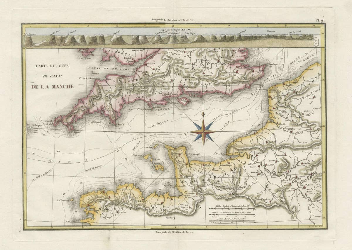 Decorative Hand-Colored French Map of the English Channel, 1827