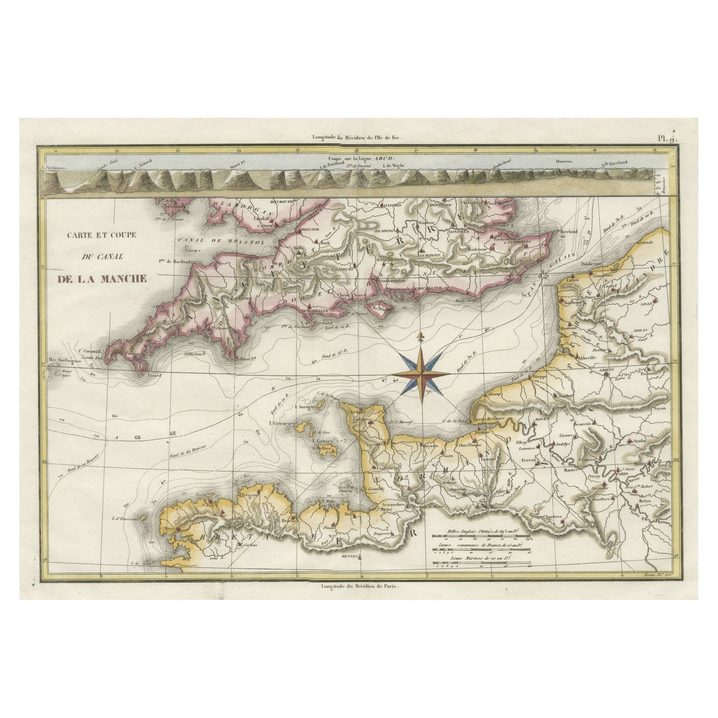 Decorative Hand-Colored French Map of the English Channel, 1827