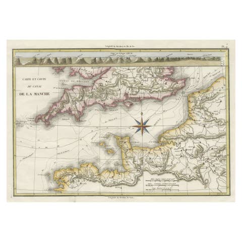 Decorative Hand-Colored French Map of the English Channel, 1827