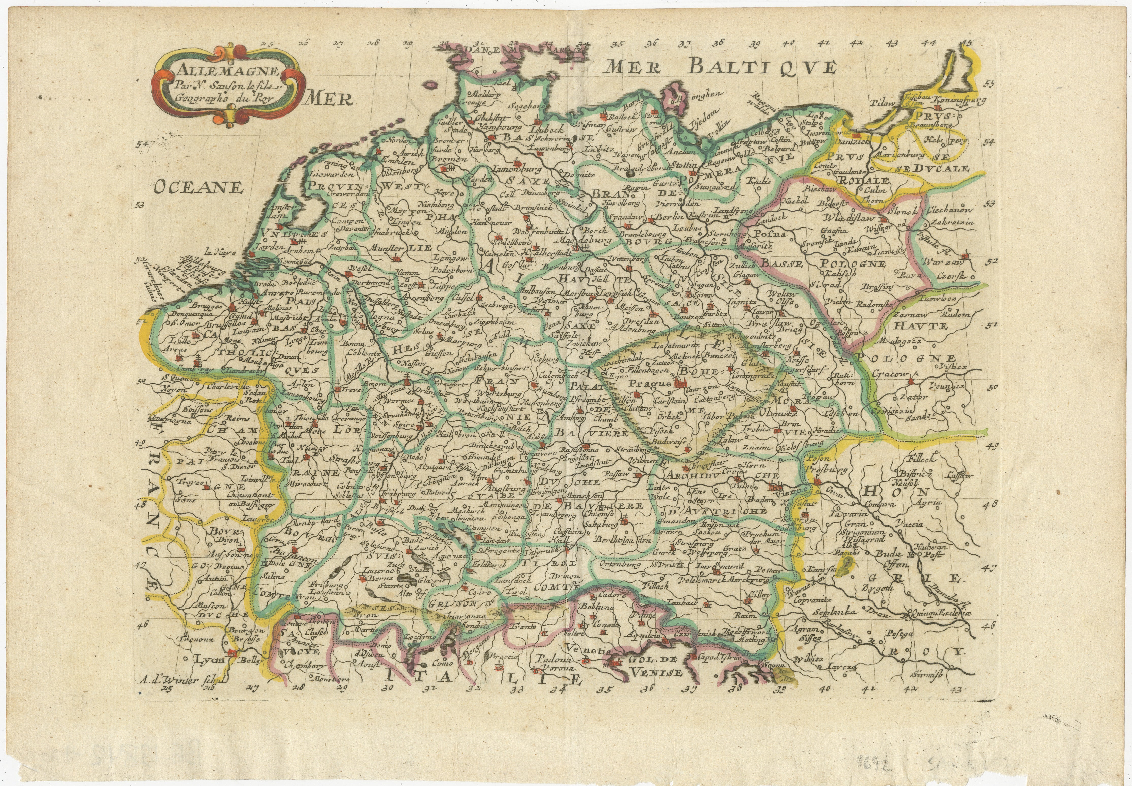 Titel: Handkolorierte Karte von Deutschland von Nicolas Sanson, 1648

Diese handkolorierte Karte mit dem Titel 