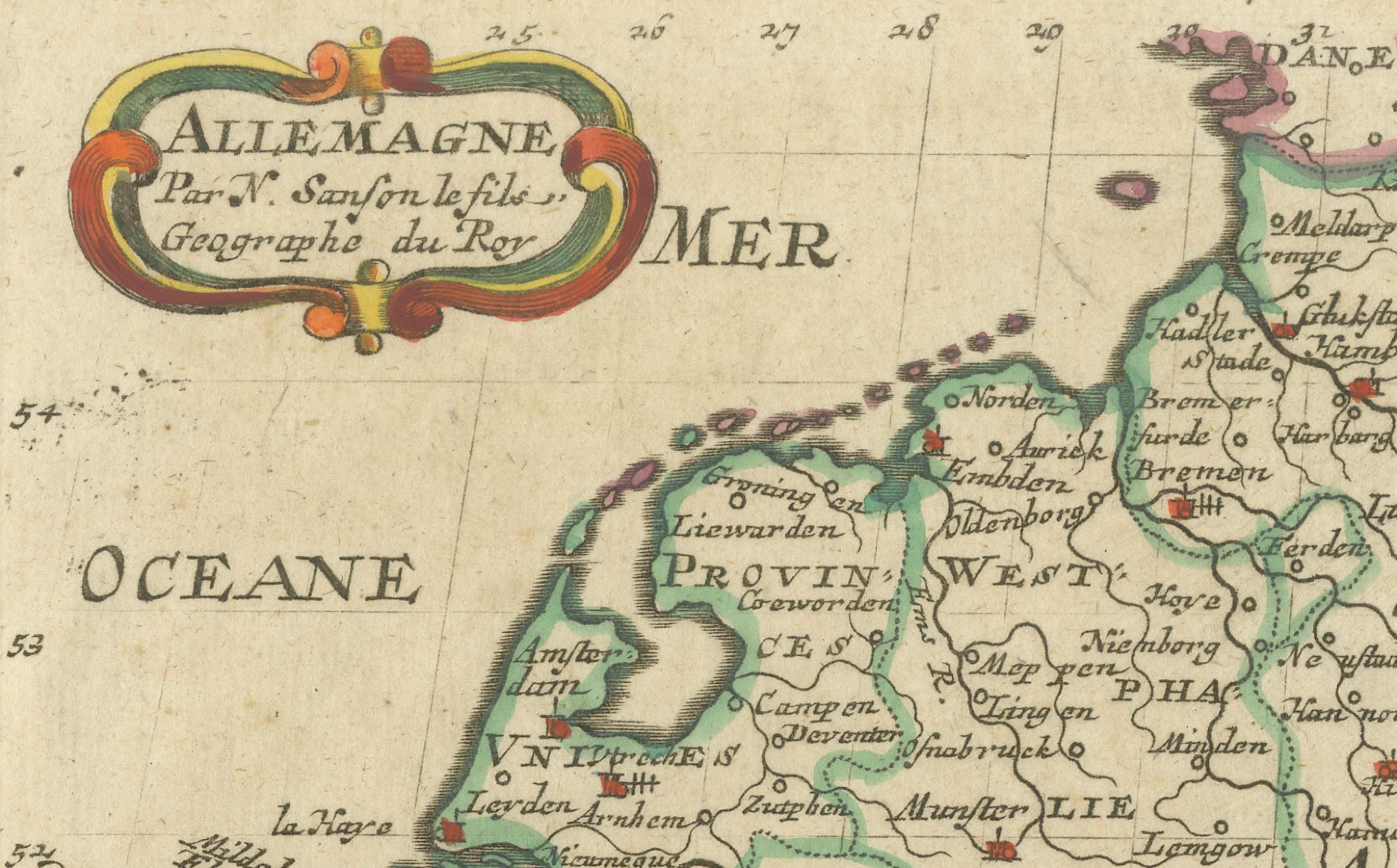 Dekorative handkolorierte Karte von Deutschland von Nicolas Sanson, 1648 (Mitte 17. Jahrhundert) im Angebot