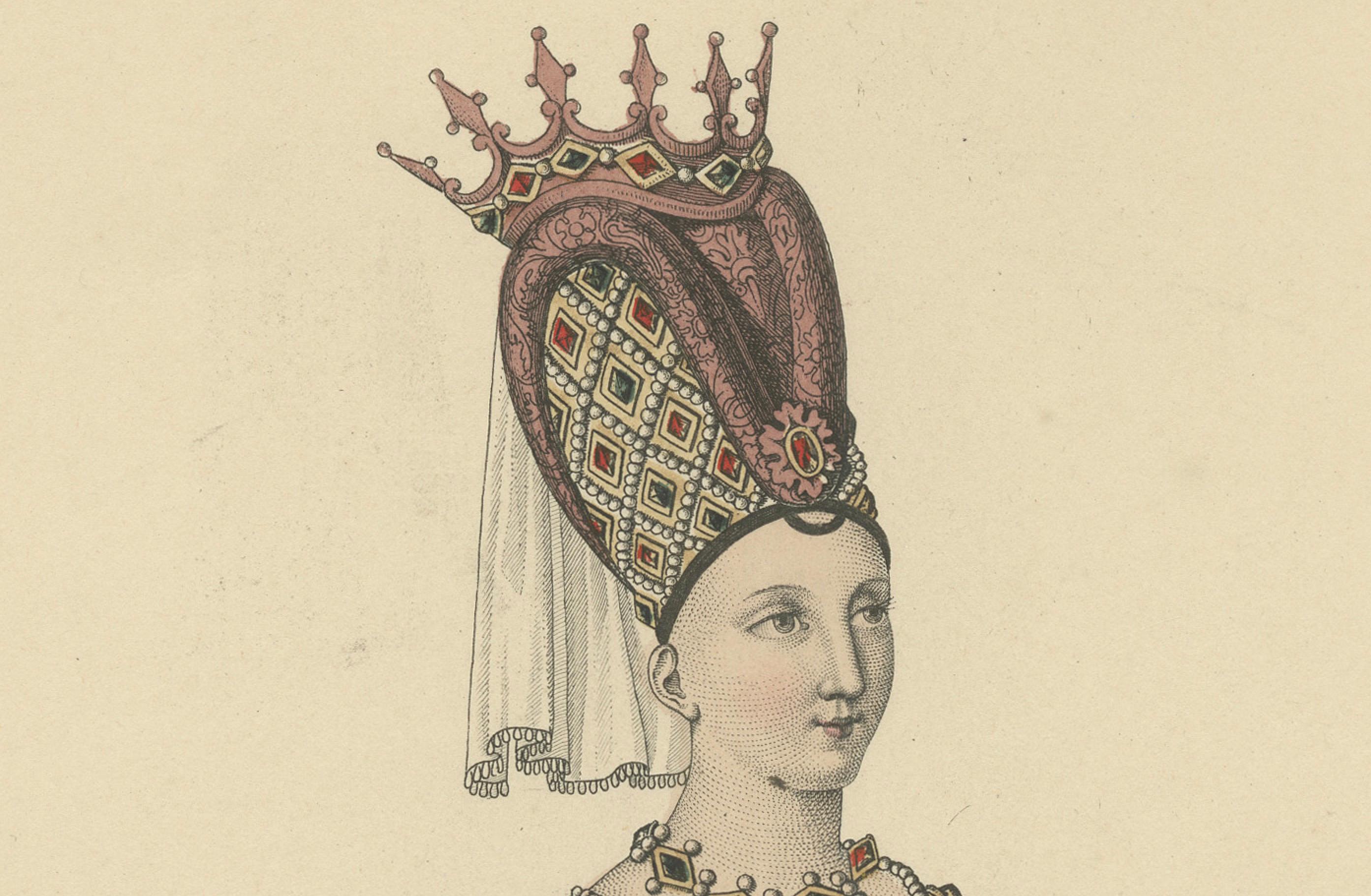 Dekoratives handkoloriertes Porträt - Isabeau von Bayern, Königin von Frankreich, 1900 (Graviert) im Angebot