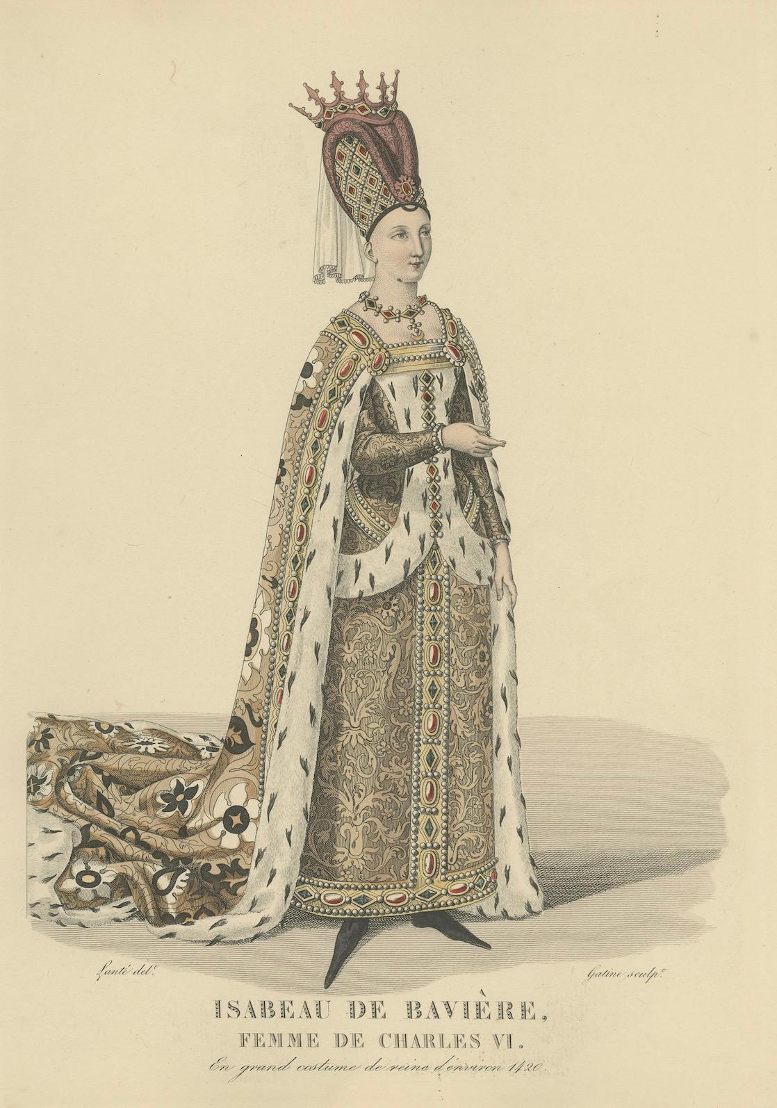 Dekoratives handkoloriertes Porträt - Isabeau von Bayern, Königin von Frankreich, 1900 im Zustand „Gut“ im Angebot in Langweer, NL