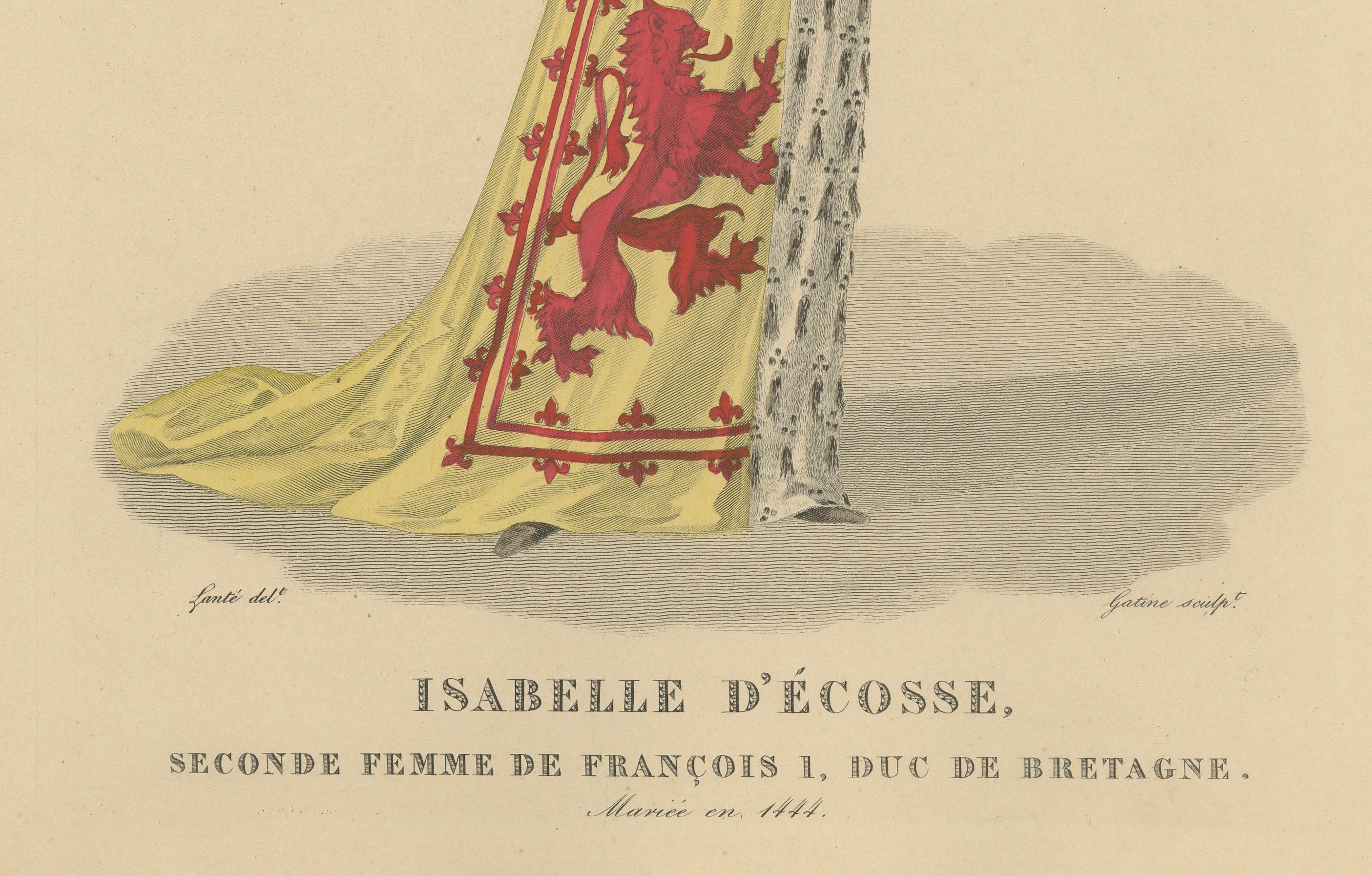 Handkoloriertes Porträt von Isabelle d'Écosse, Duchesse de Bretagne (nach 1827, Ausgabe um 1900)

Ein detailreicher handkolorierter Stich von Isabelle d'Écosse (1426-1494), auch bekannt als Isabella von Schottland, der zweiten Frau von François I.,