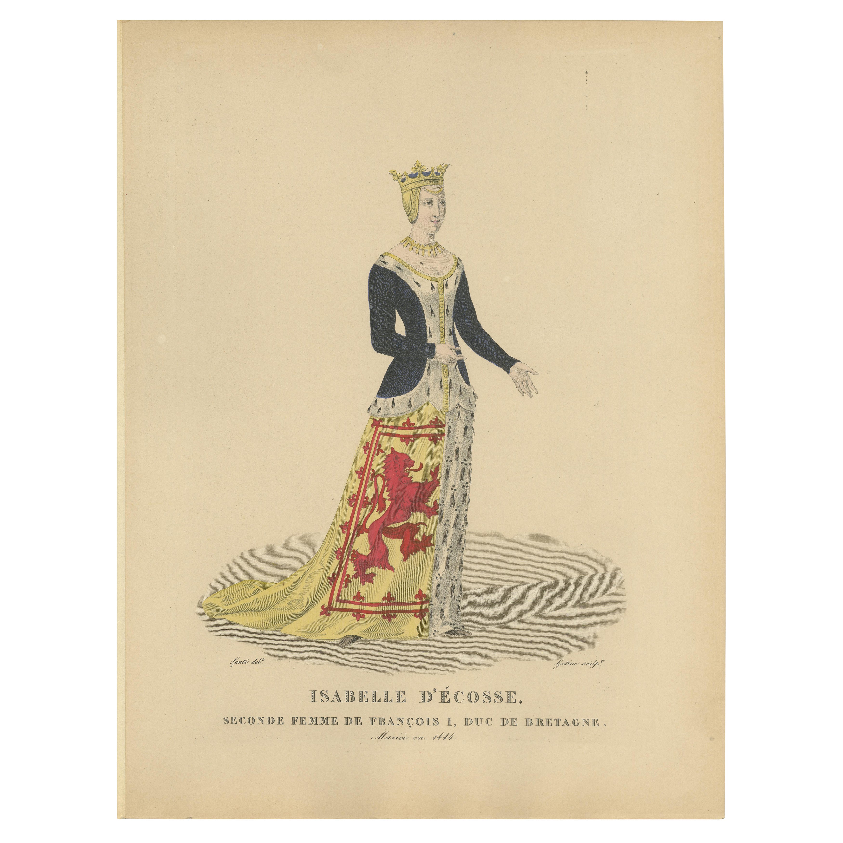 Dekoratives handkoloriertes Porträt - Isabelle d'Écosse, antiker Druck, um 1900 im Angebot