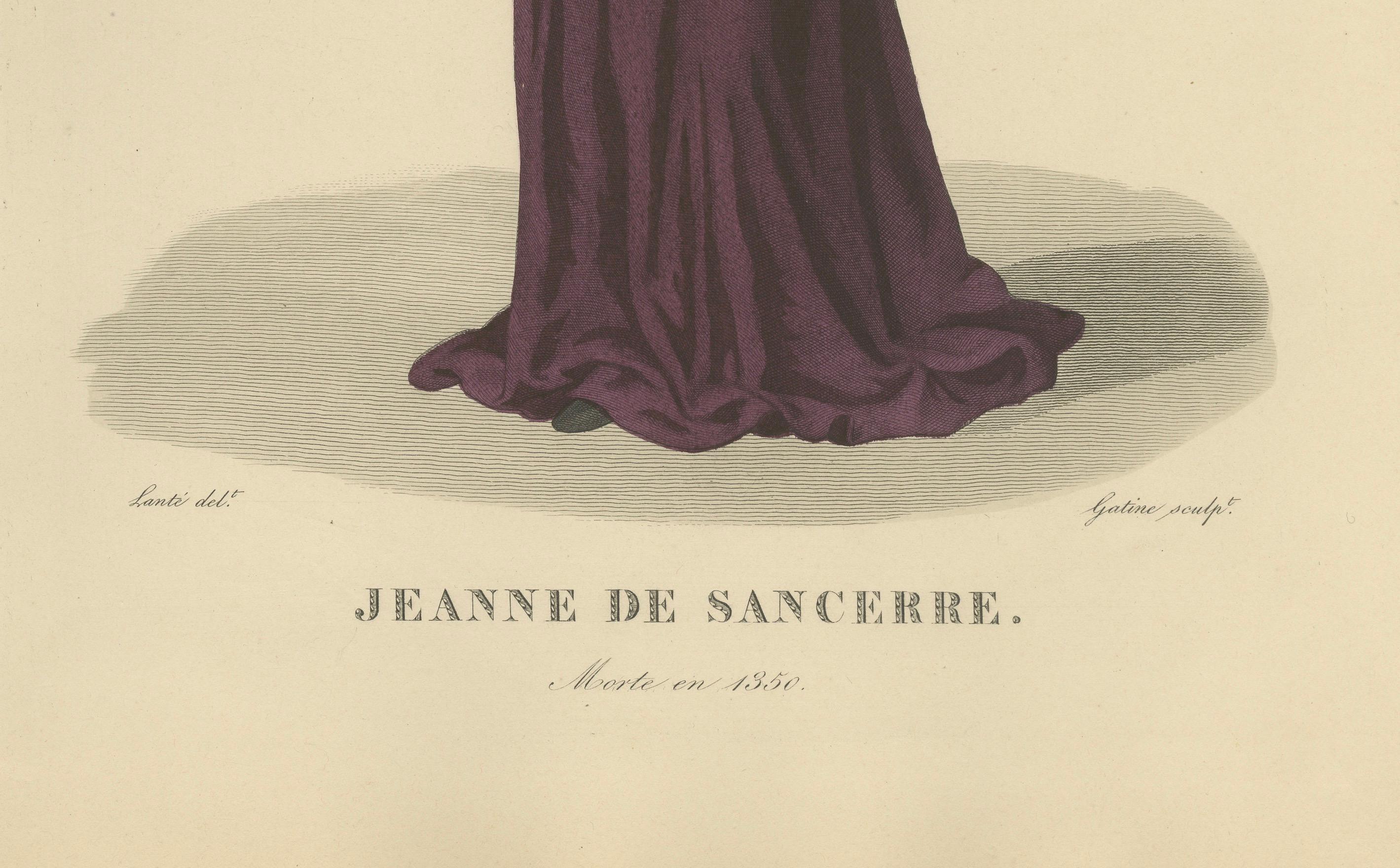 Handkoloriertes Porträt der Jeanne de Sancerre, ca. 1900 (nach 1827)

Handkolorierter Stich von Jeanne de Sancerre (gest. 1350), einer französischen Adeligen, die aufgrund ihrer Stellung im mächtigen Haus von Sancerre in Erinnerung geblieben ist.