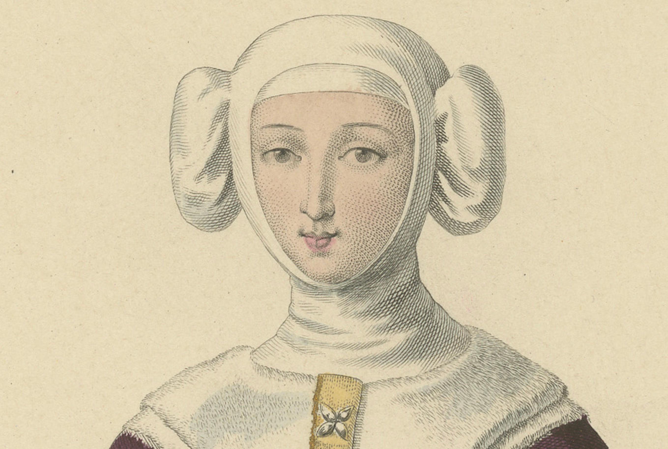 Dekoratives handkoloriertes Porträt - Jeanne de Sancerre, antik, um 1900 (Graviert) im Angebot