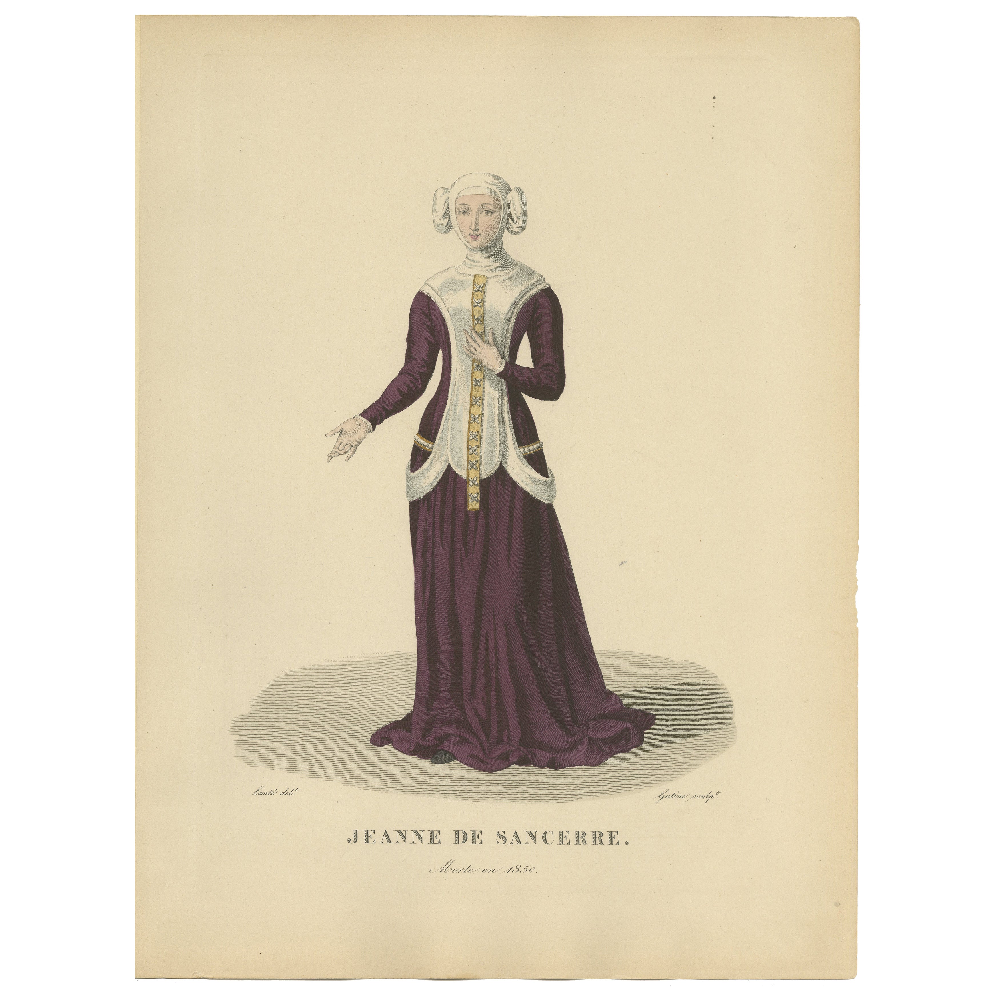 Dekoratives handkoloriertes Porträt - Jeanne de Sancerre, antik, um 1900