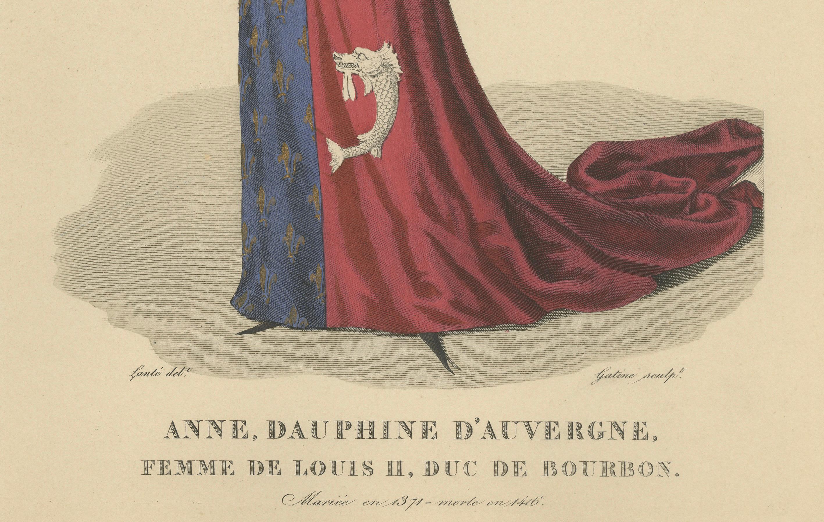 Handkoloriertes Porträt von Anne, Dauphine d'Auvergne, Ehefrau von Ludwig II., Herzog von Bourbon (nach 1827, Ausgabe um 1900)

Feiner handkolorierter Stich, der Anne, Dauphine d'Auvergne (1358-1417), die Ehefrau von Ludwig II, Herzog von Bourbon,