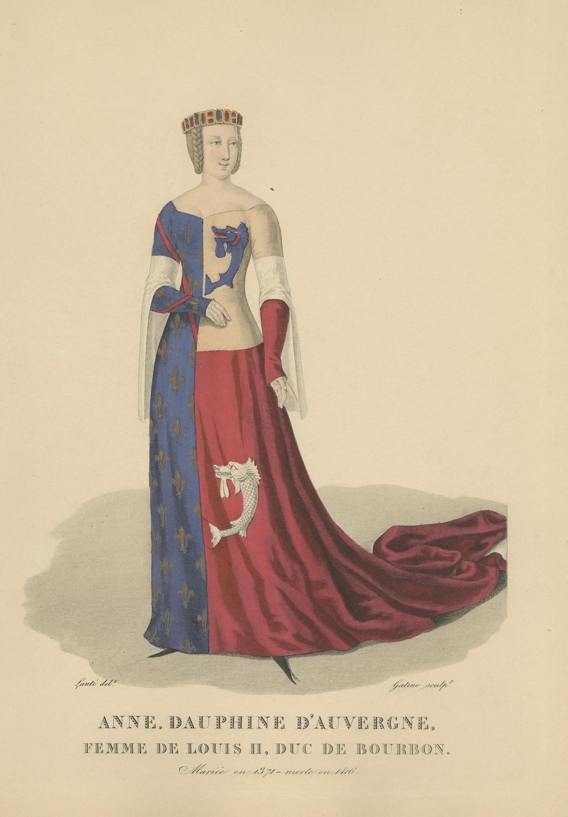 Dekorativer handkolorierter Druck - Anne, Dauphine d'Auvergne, Bourbon Consort, 1900 im Zustand „Gut“ im Angebot in Langweer, NL