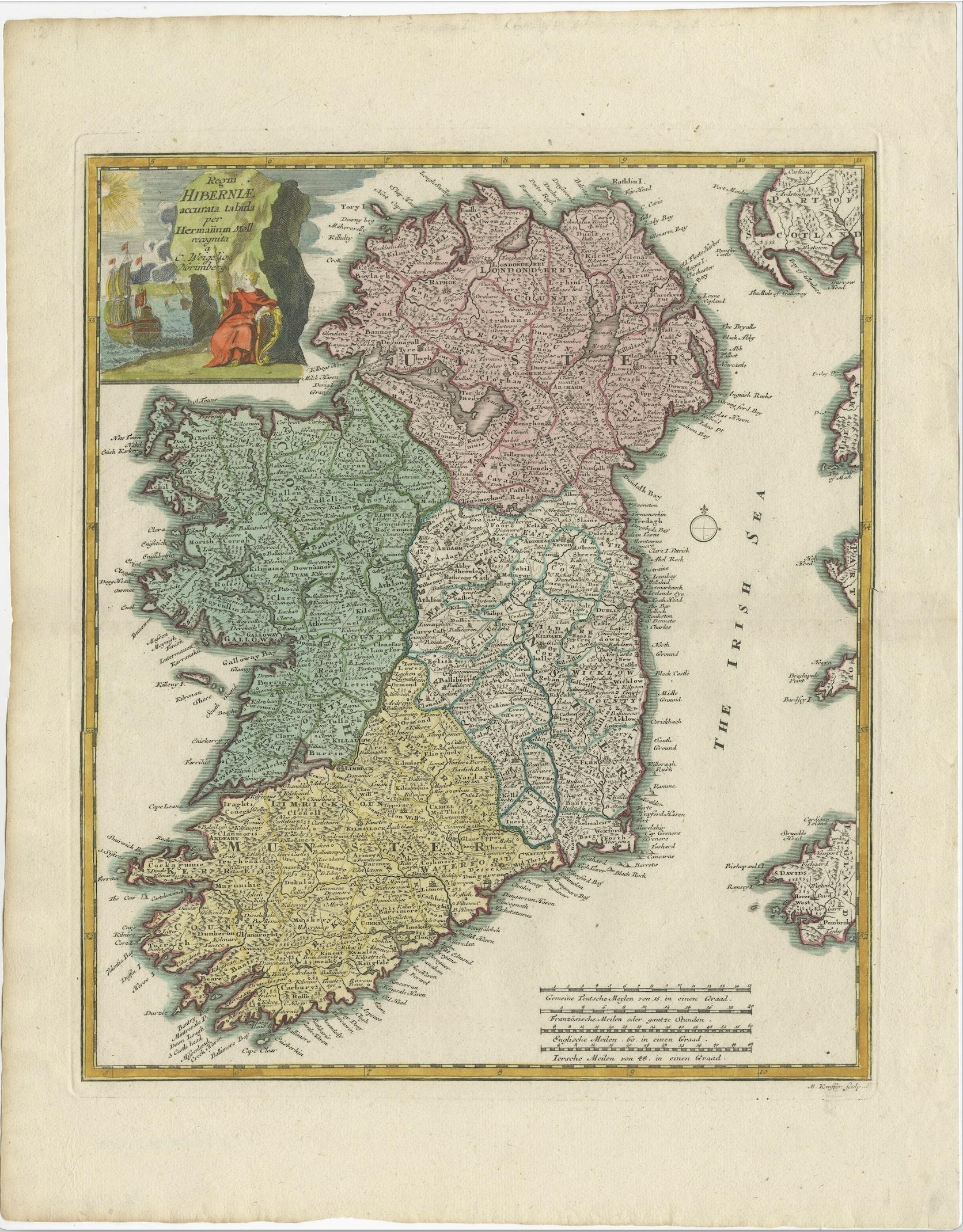 Title: Regni Hiberniae Accurata Tabula per Hermanum Moll 

Decorative map of the four Irish provinces, Ireland, 1718, by Christoph Weigel (with credit to Herman Moll), engraved by Michael Kauffer. Old colouring.

Johann Christoph Weigel, known as