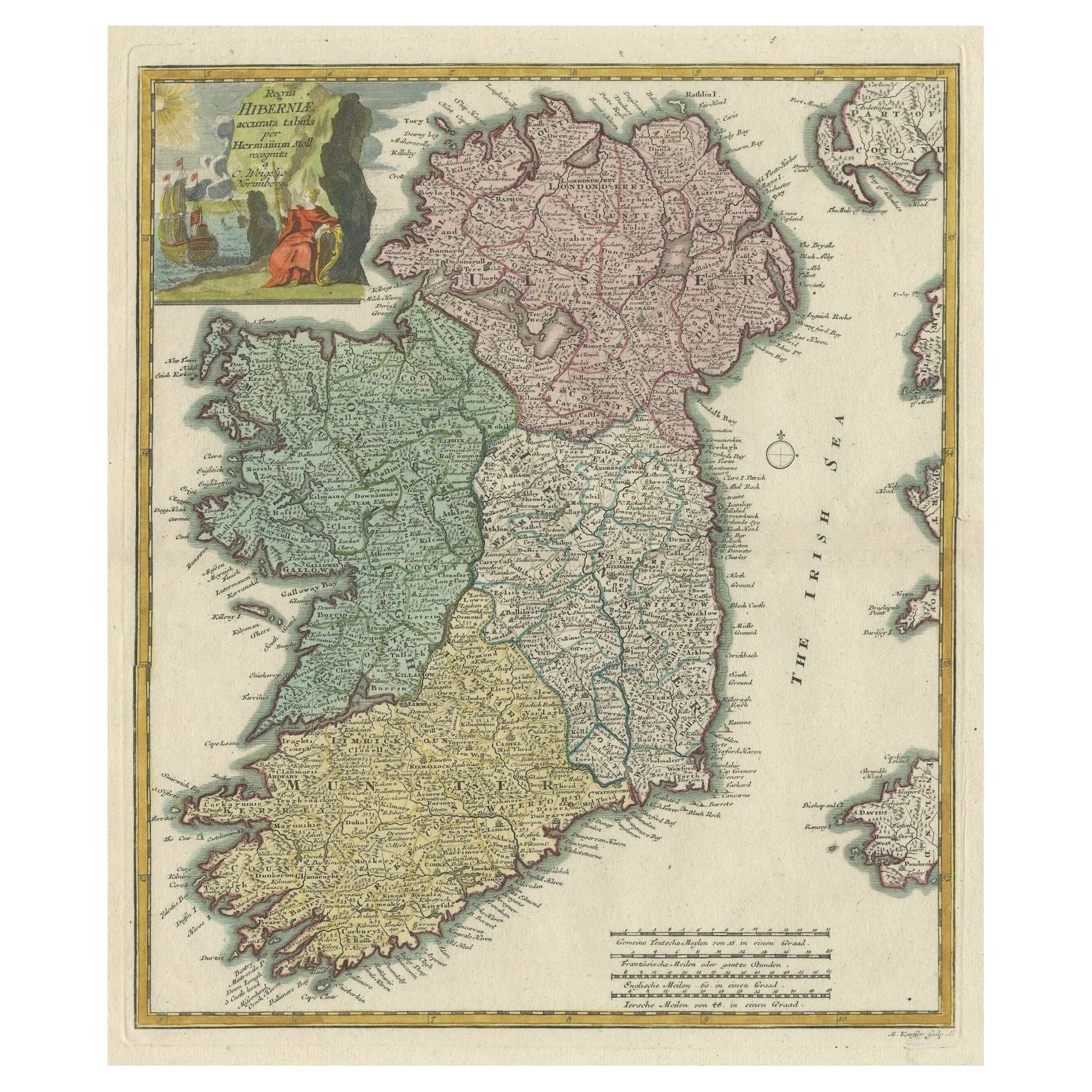 Mapa antiguo decorativo coloreado a mano de las cuatro provincias irlandesas, Irlanda, c1718
