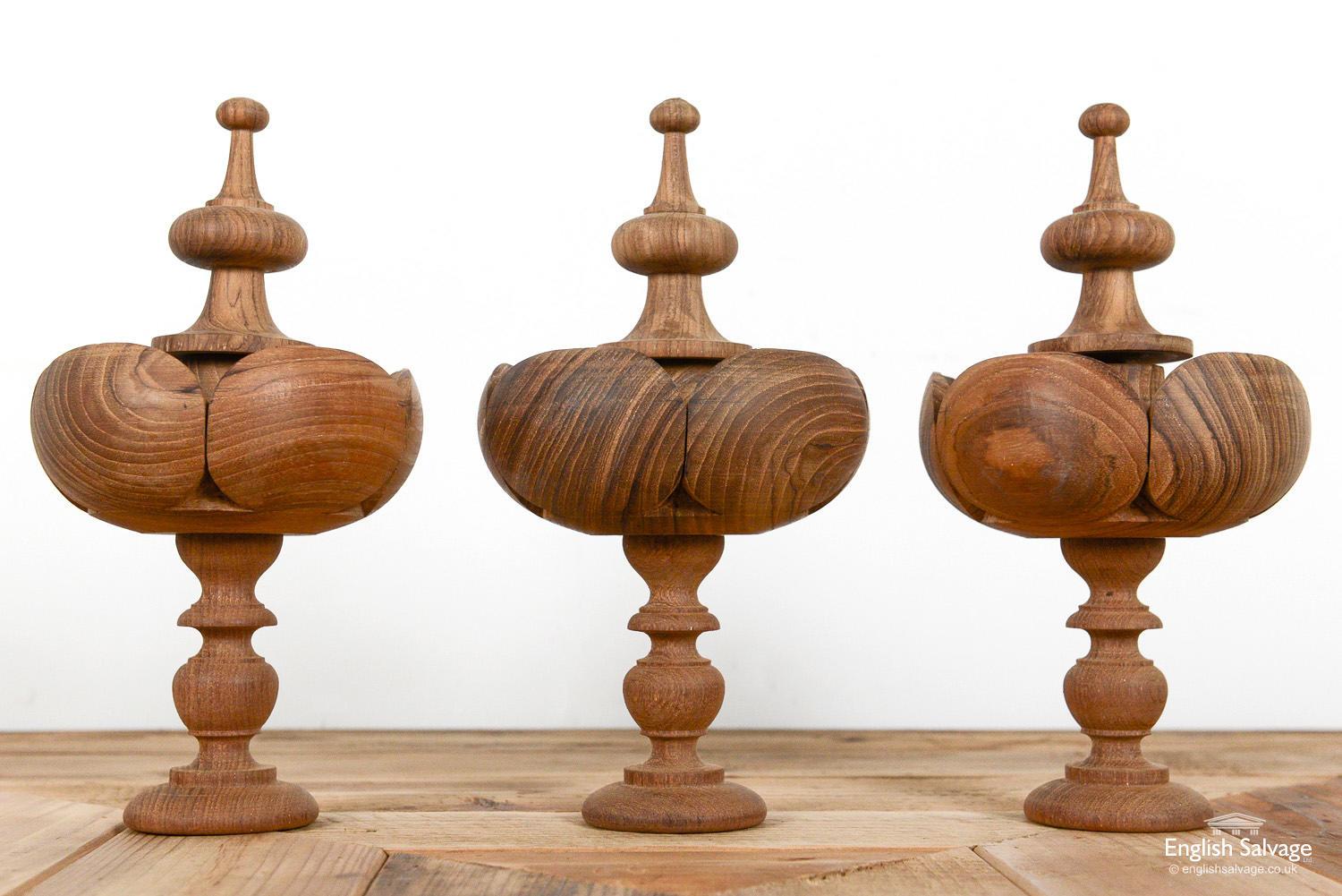 Substantial hand-turned teak curtain finials in a striking design. Raw wood finish allows user to easily apply their chosen finish. 

Price is per pair.