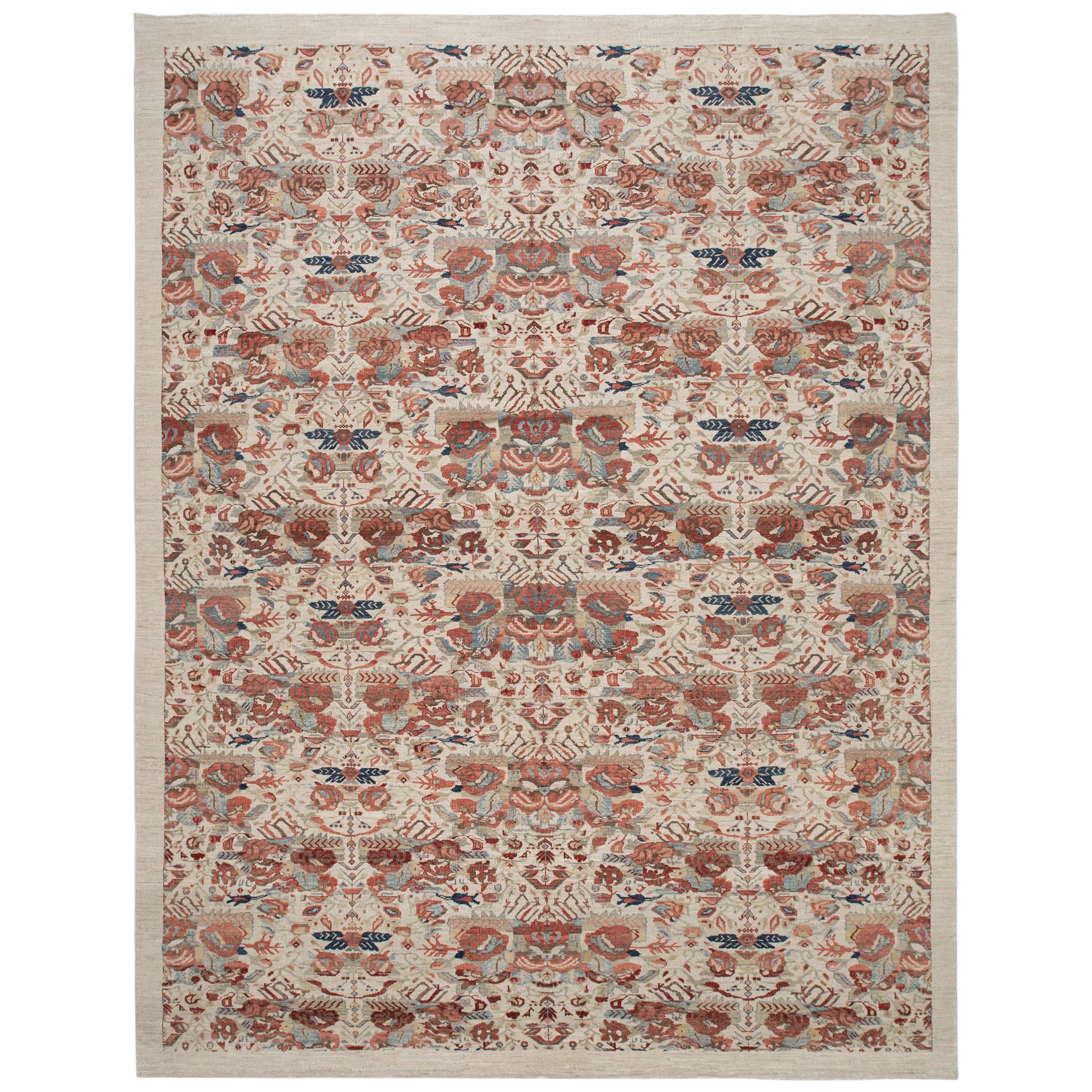 Decorative Hand Knotted Rug in Camel with Blue and Rust Accent