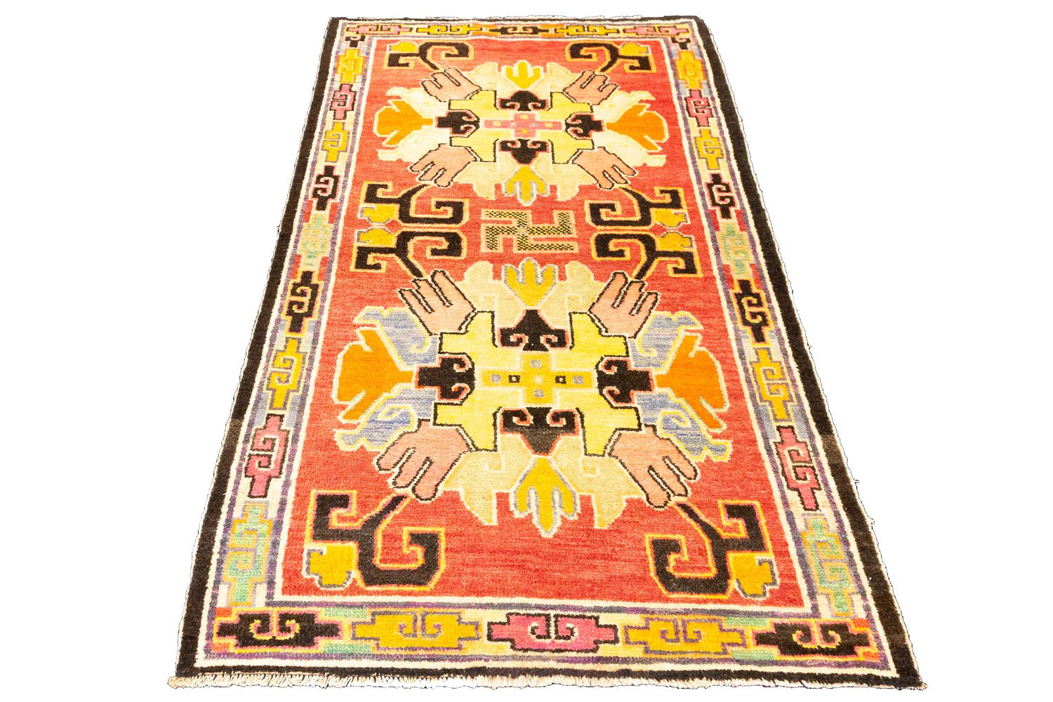 Hand-Knotted Tibetan Rug Swastika Motif, ca. 1920 For Sale