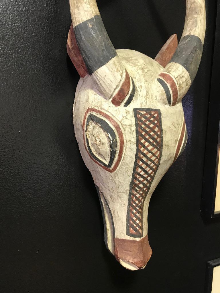 Decorative Hand Carved and Painted Wood African Bull Mask In Good Condition In Studio City, CA