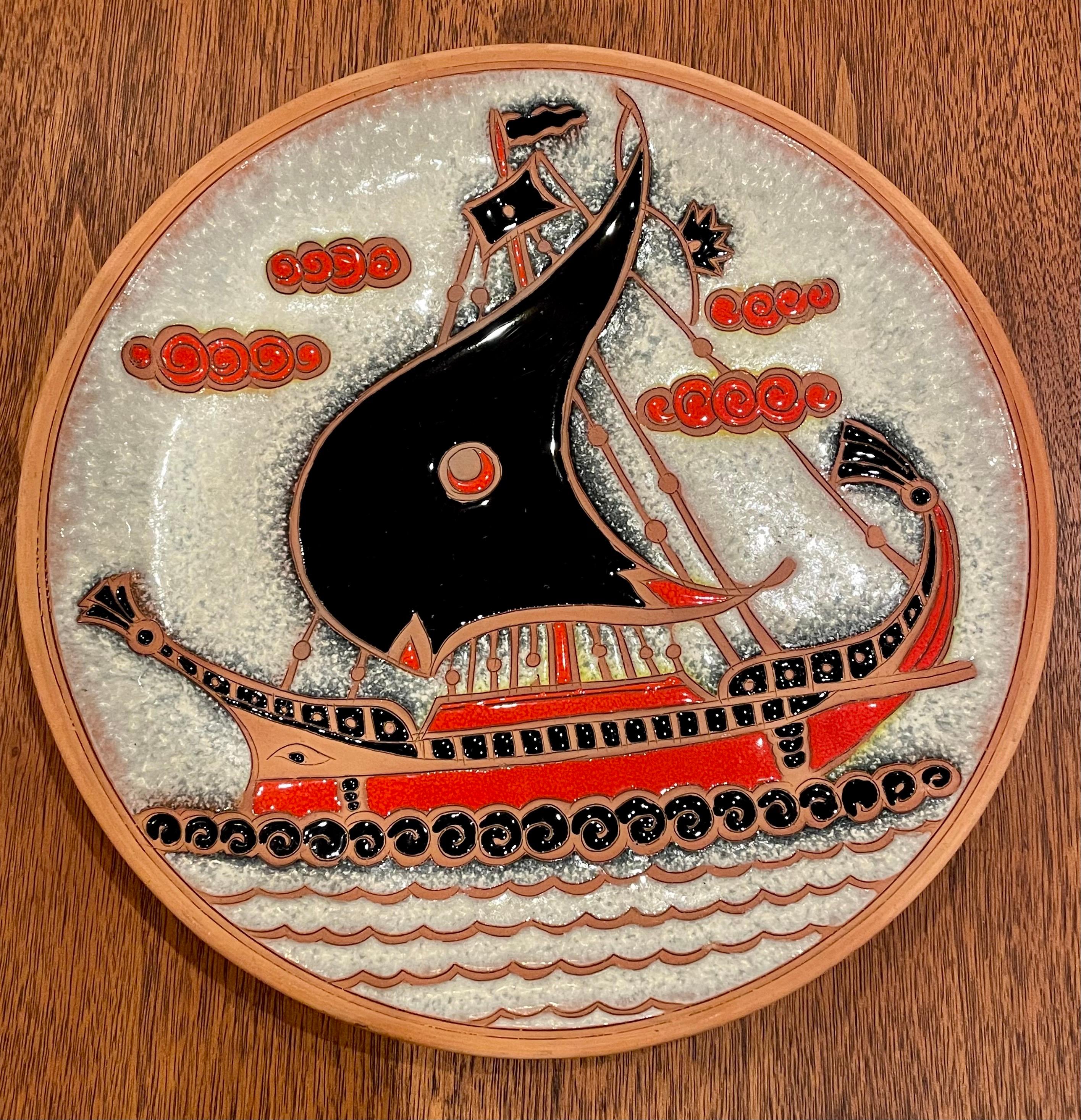 Beautiful hand-painted Viking ship decorative plate circa 1970's made in Greece.