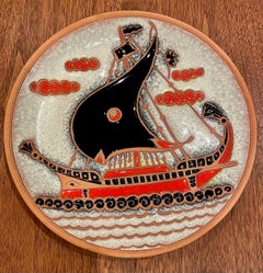 Decorative Hand Painted Ceramic Viking Ship Plate Circa 1970's