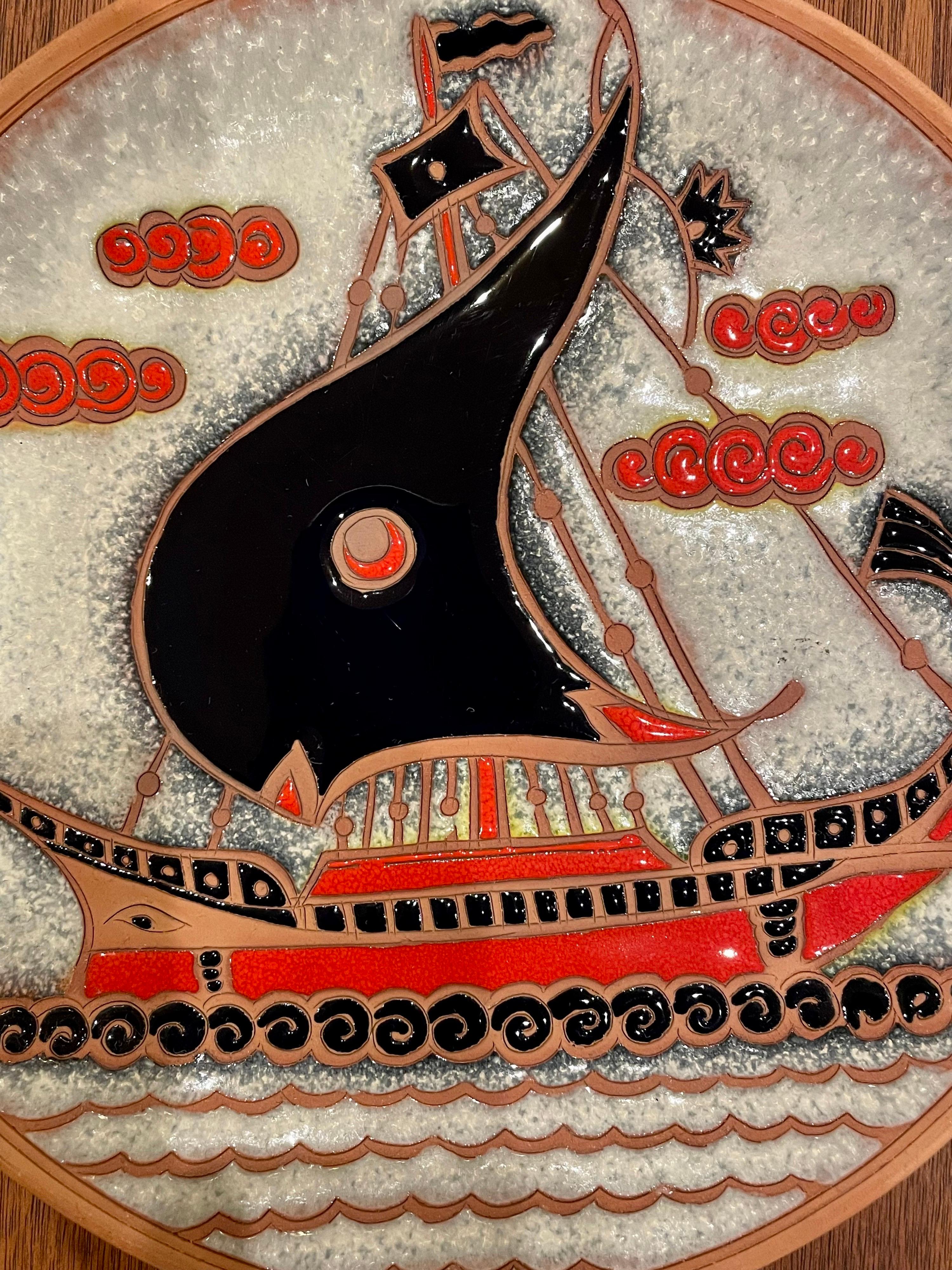 Mid-Century Modern Decorative Hand Painted Ceramic Viking Ship Plate Circa 1970's For Sale