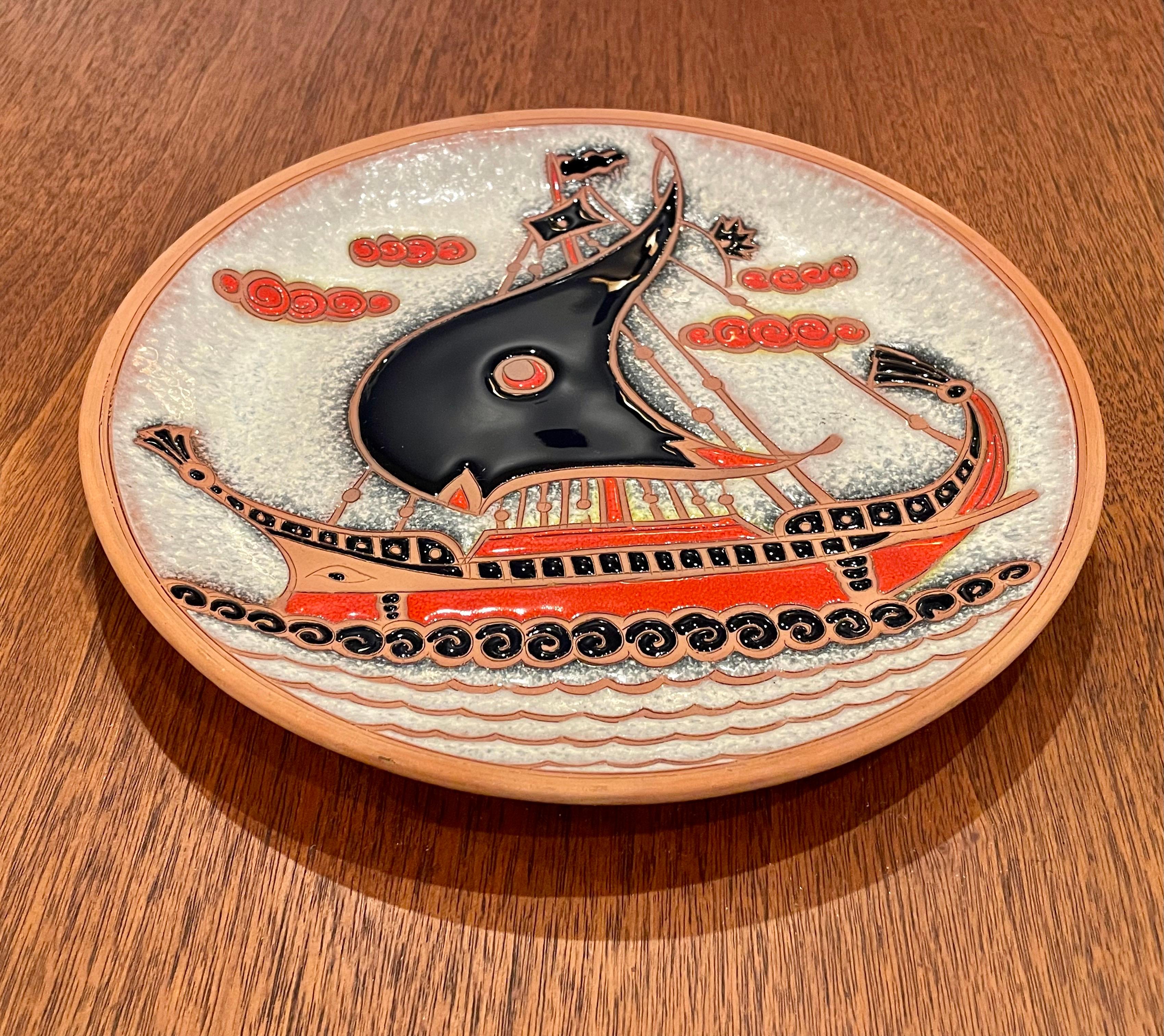 Decorative Hand Painted Ceramic Viking Ship Plate Circa 1970's In Excellent Condition For Sale In San Diego, CA