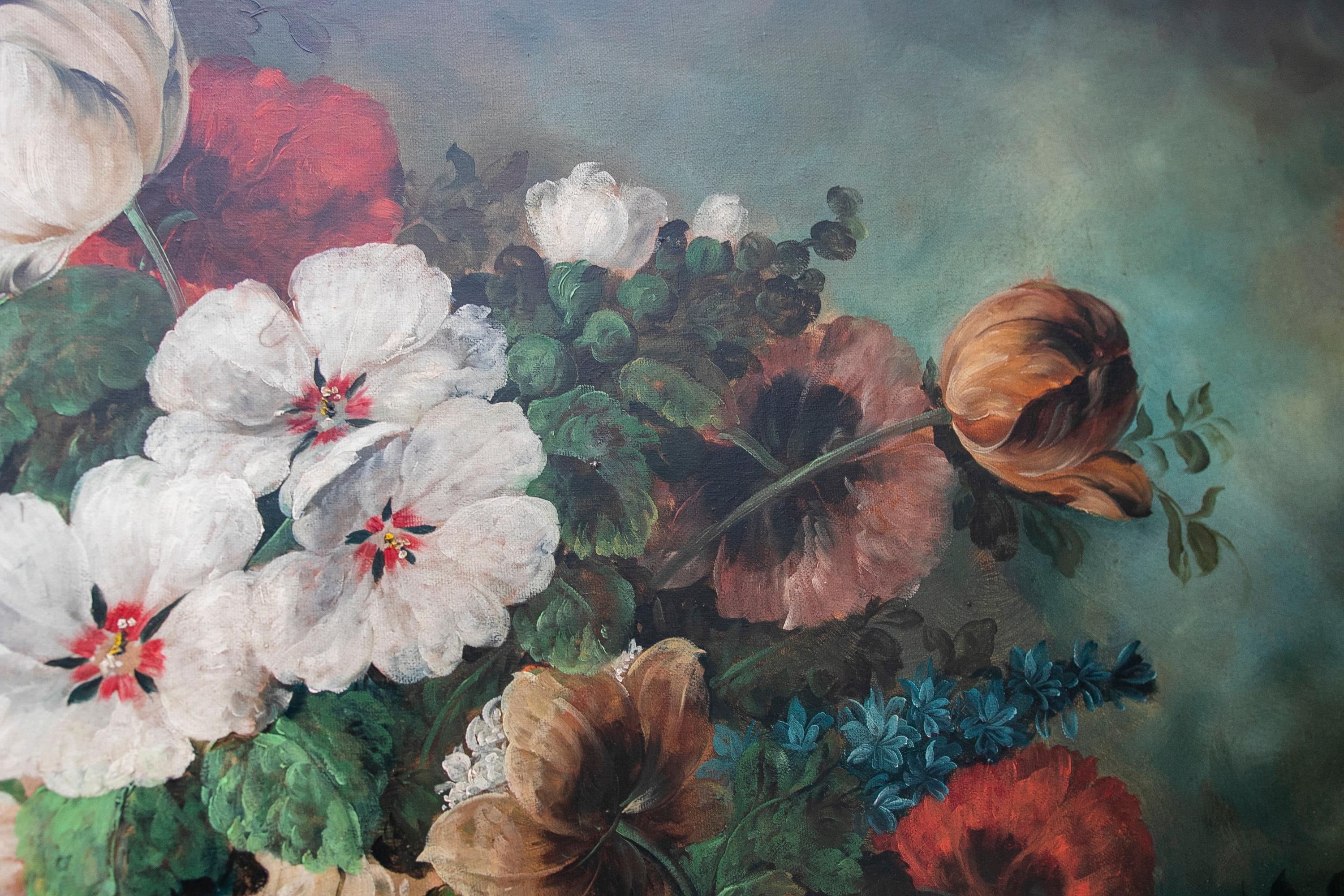 Peinture décorative peinte à la main de fleurs à l'huile sur toile avec cadre doré en vente 4