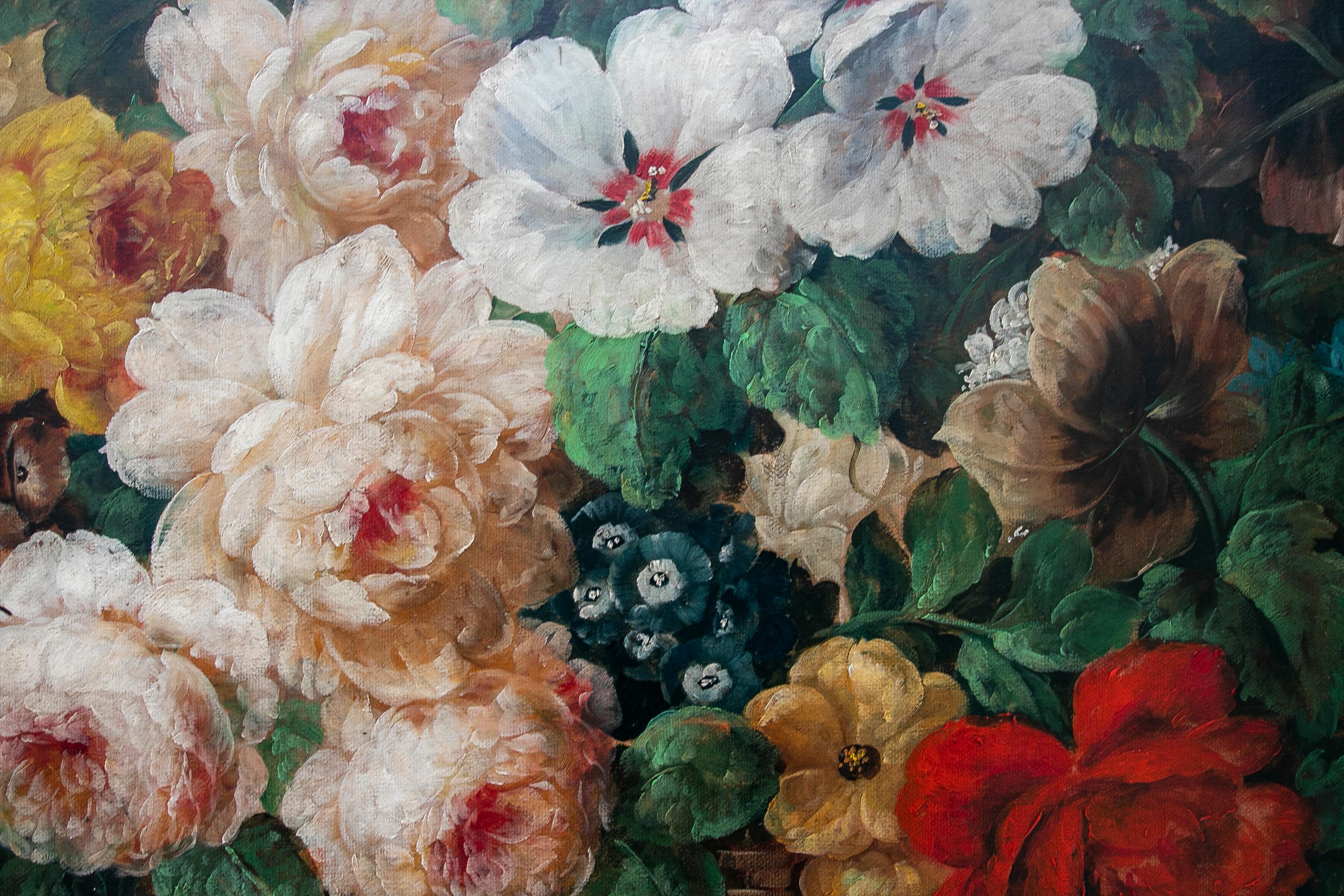 Decorative Hand-Painted Painting of Flowers in Oil on Canvas with Golden Frame For Sale 6