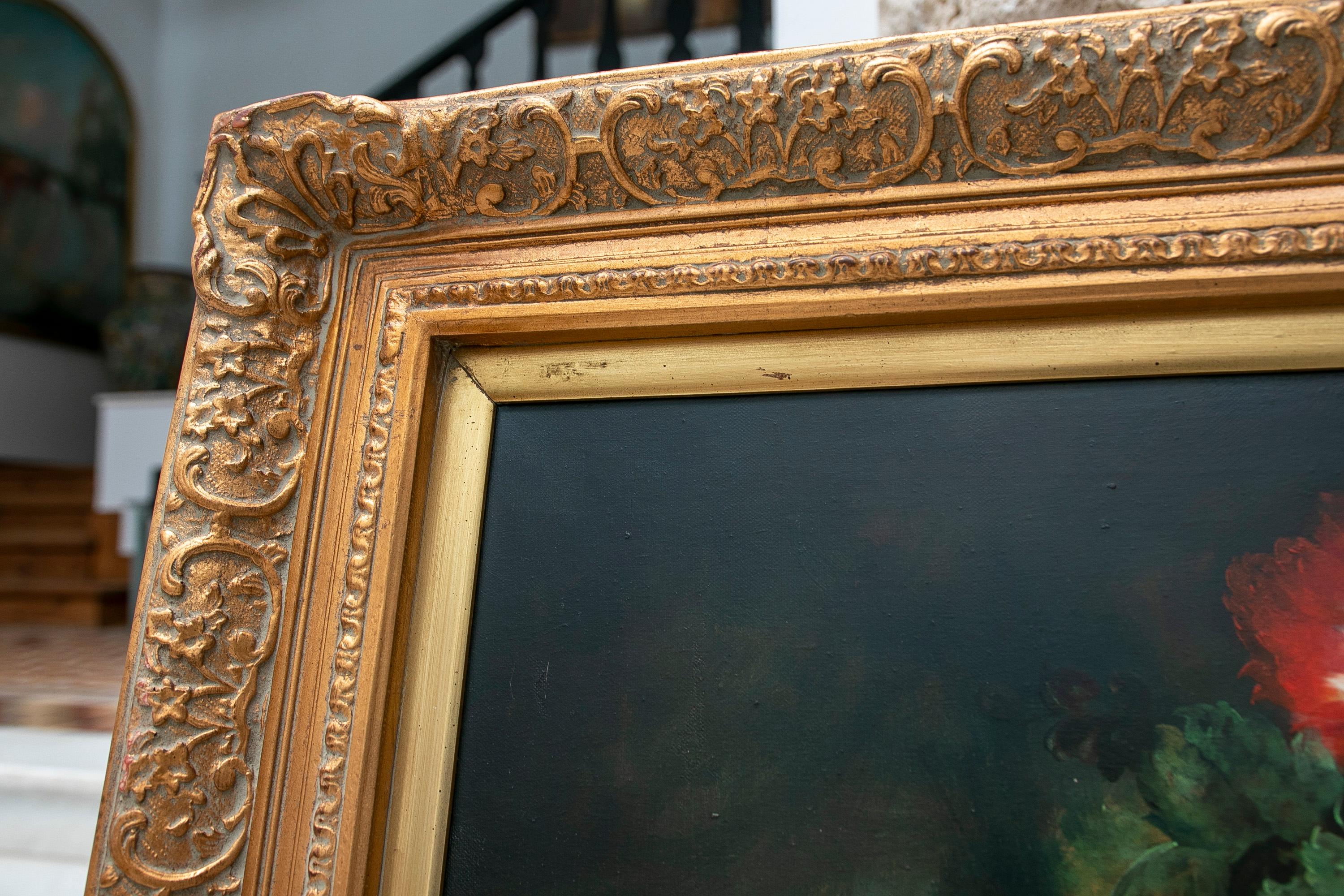 Peinture décorative peinte à la main de fleurs à l'huile sur toile avec cadre doré en vente 7